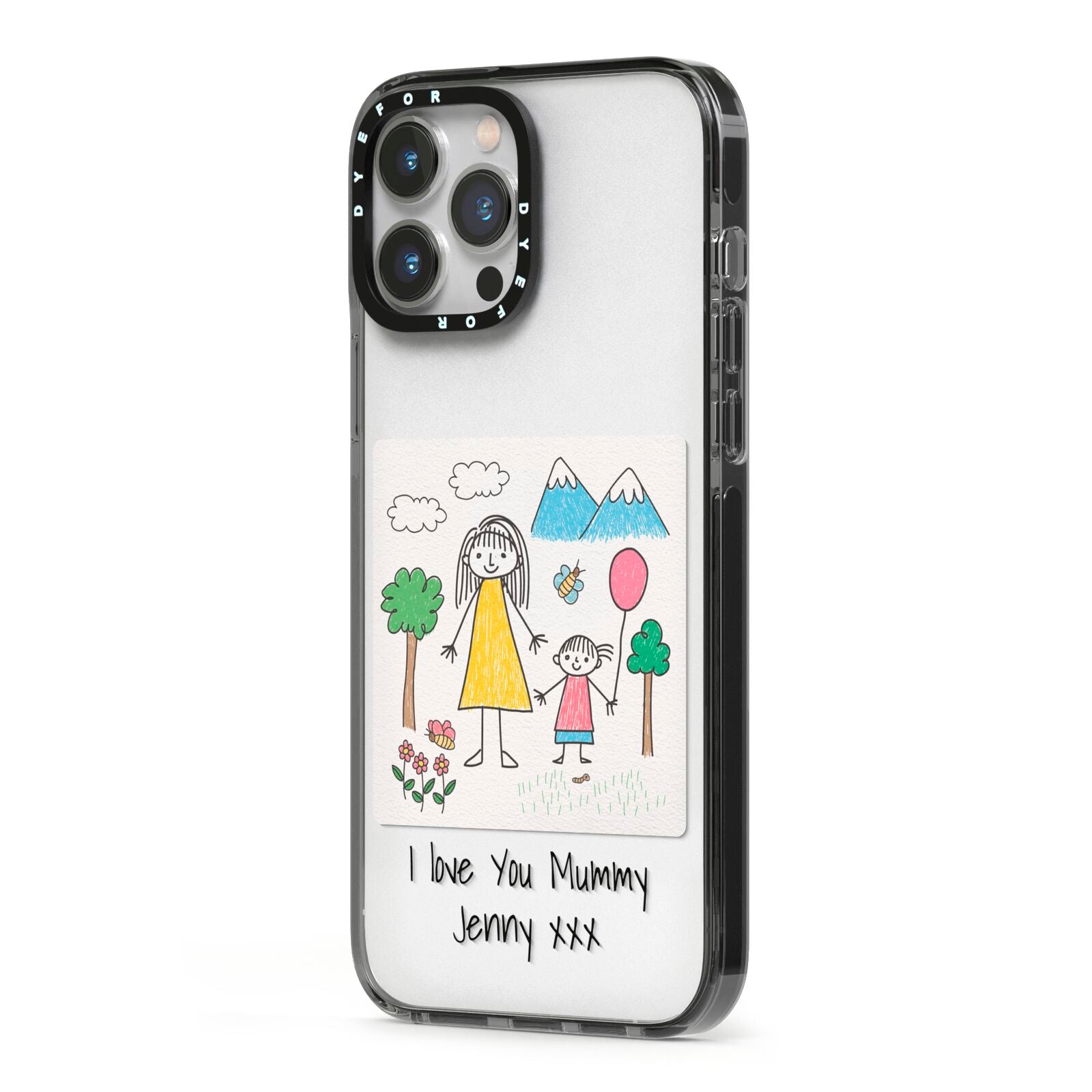 Personalised Kids Drawing Upload iPhone 13 Pro Max Black Impact Case Side Angle on Silver phone