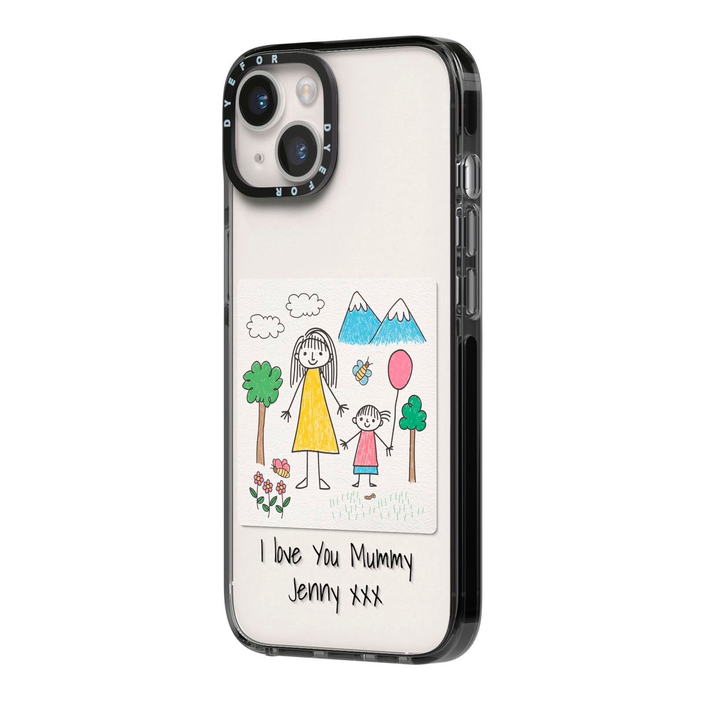 Personalised Kids Drawing Upload iPhone 14 Black Impact Case Side Angle on Silver phone