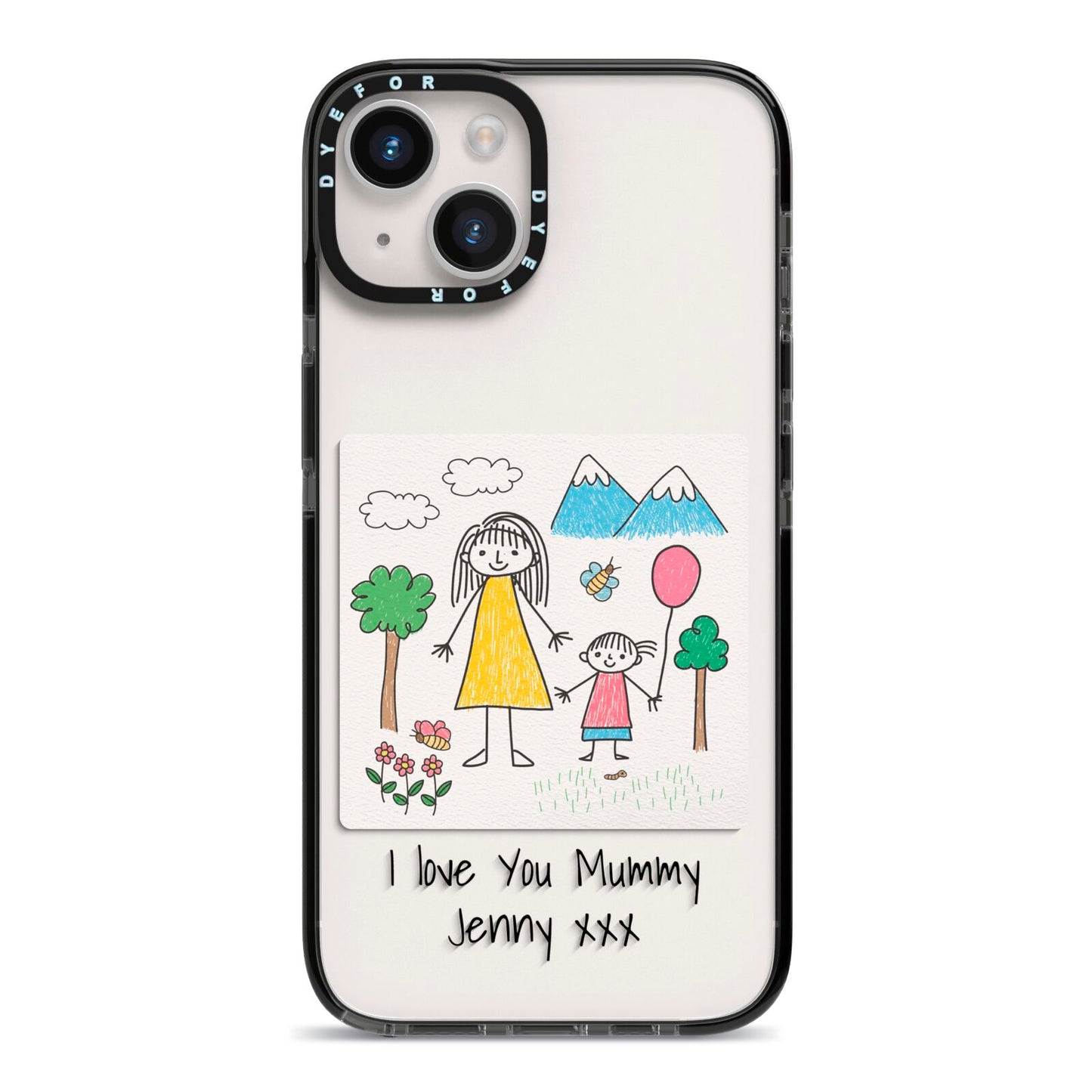 Personalised Kids Drawing Upload iPhone 14 Black Impact Case on Silver phone