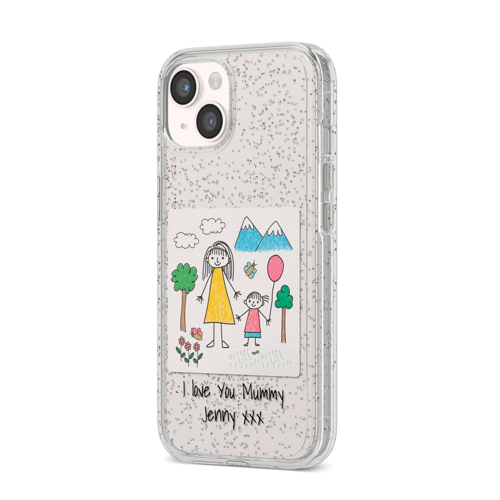 Personalised Kids Drawing Upload iPhone 14 Glitter Tough Case Starlight Angled Image