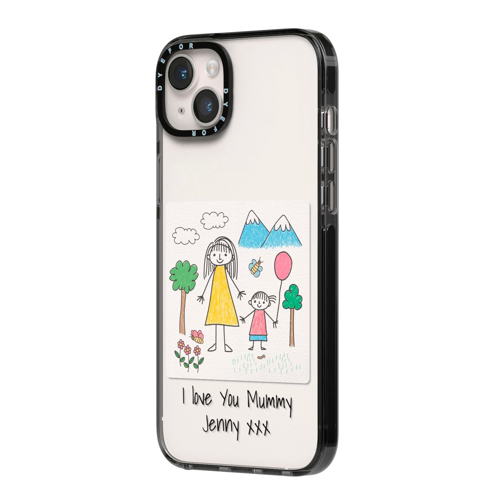 Personalised Kids Drawing Upload iPhone 14 Plus Black Impact Case Side Angle on Silver phone