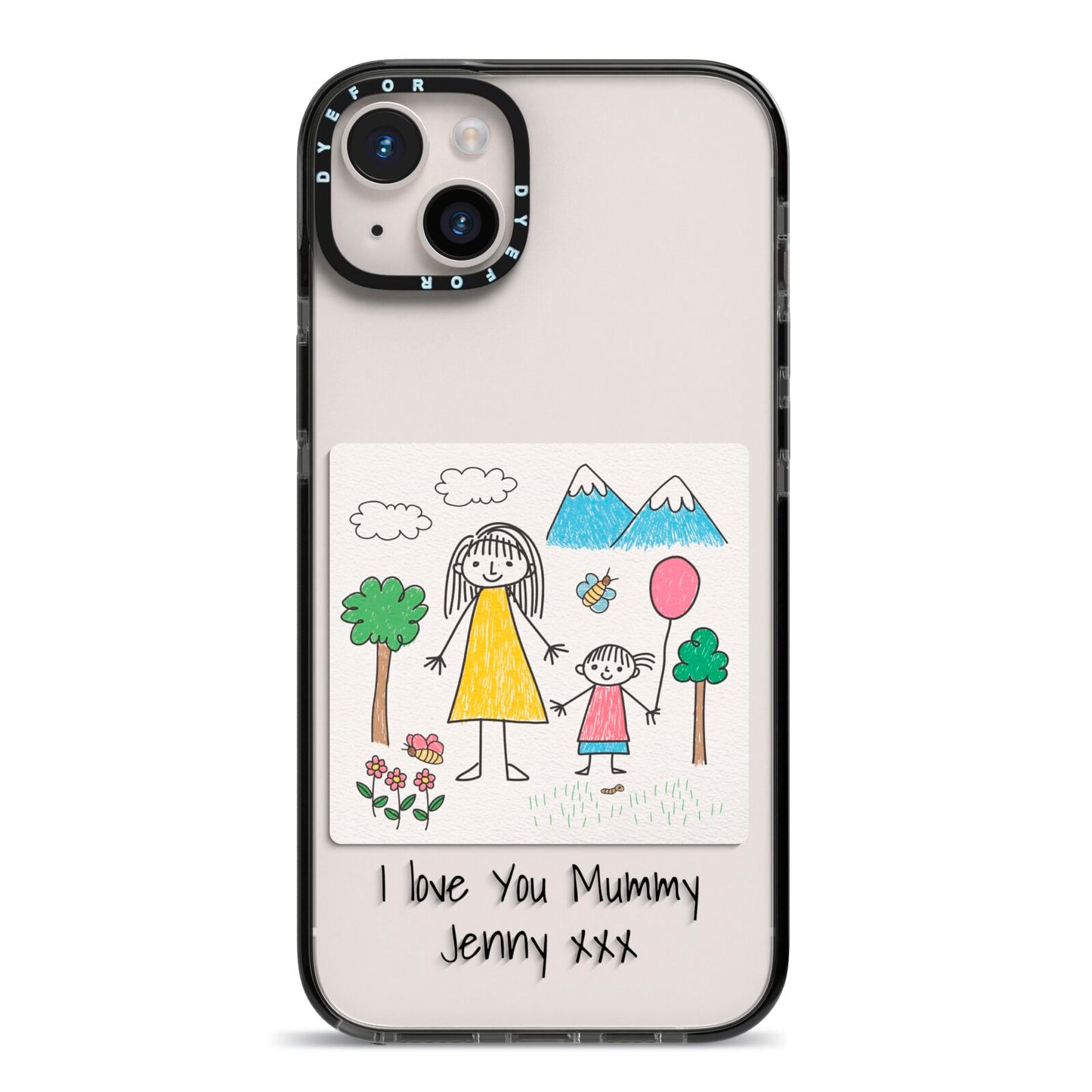 Personalised Kids Drawing Upload iPhone 14 Plus Black Impact Case on Silver phone