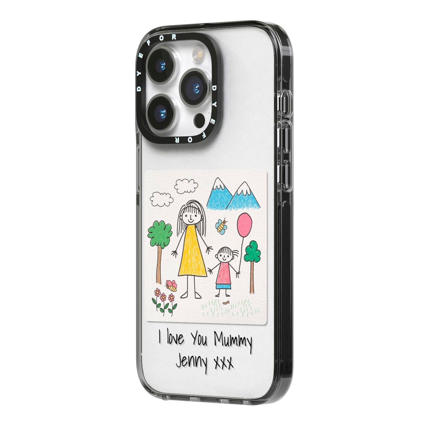 Personalised Kids Drawing Upload iPhone 14 Pro Black Impact Case Side Angle on Silver phone