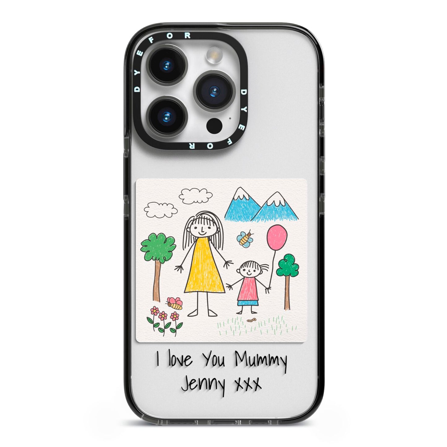 Personalised Kids Drawing Upload iPhone 14 Pro Black Impact Case on Silver phone