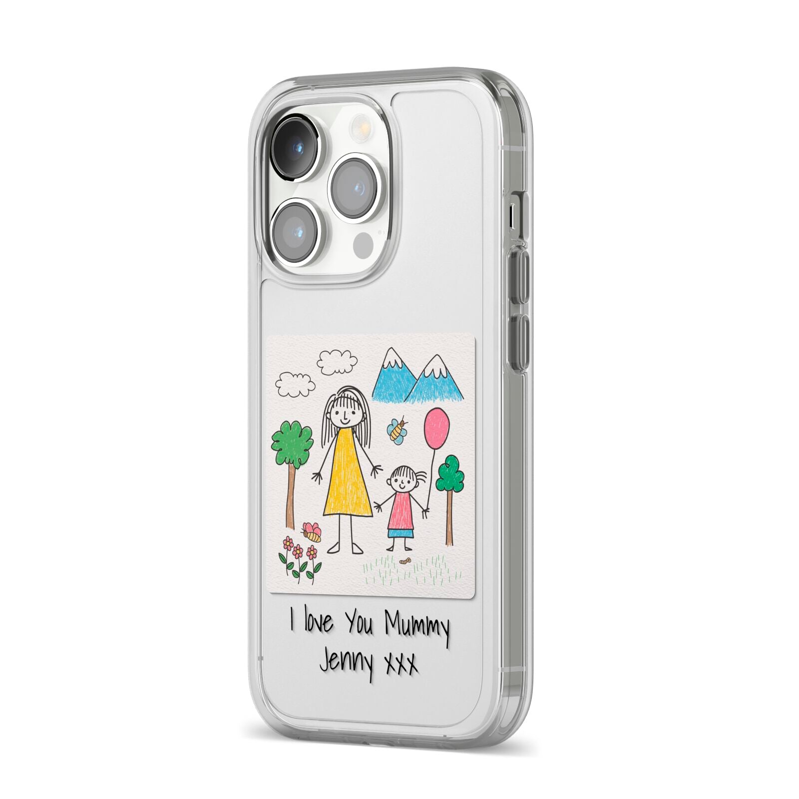 Personalised Kids Drawing Upload iPhone 14 Pro Clear Tough Case Silver Angled Image