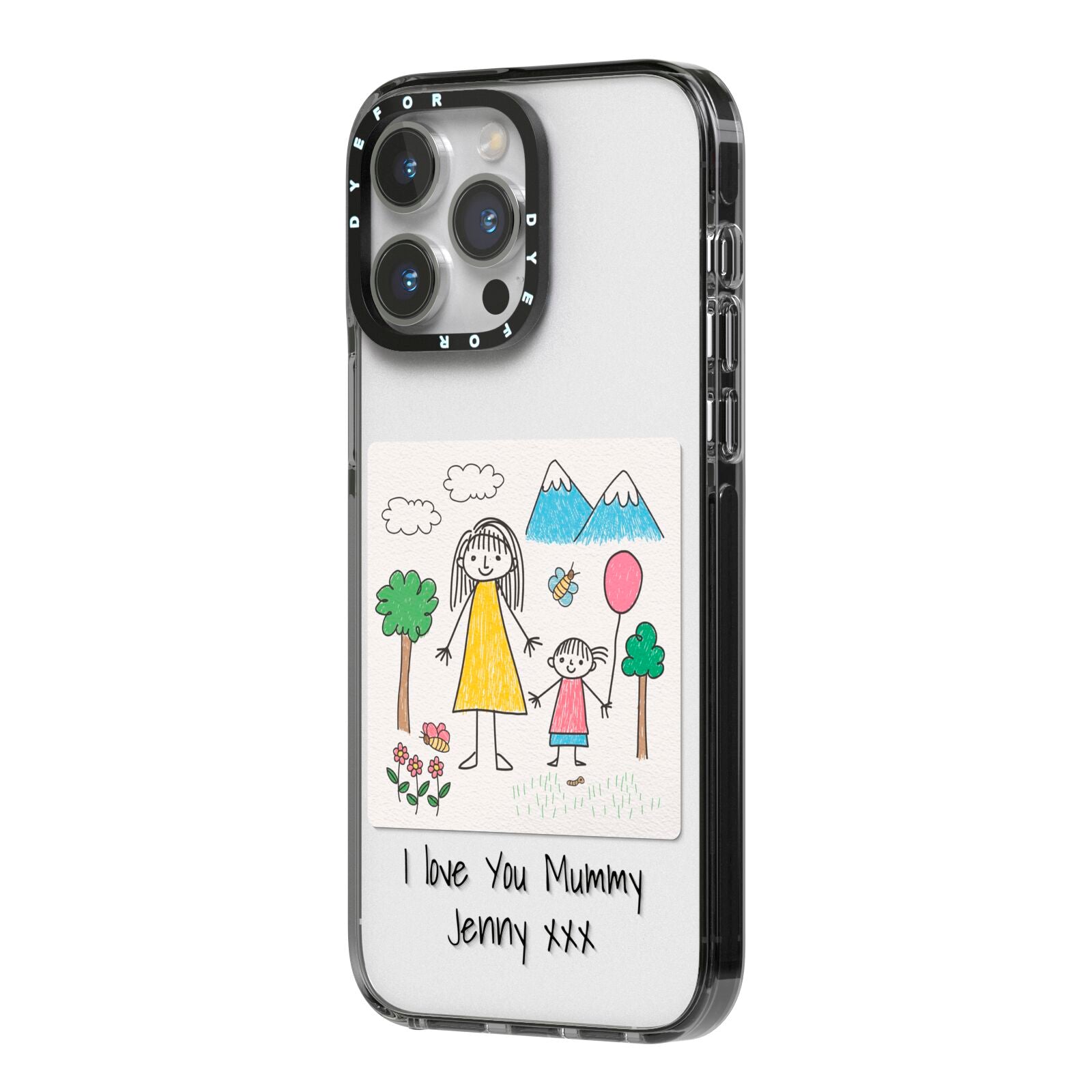 Personalised Kids Drawing Upload iPhone 14 Pro Max Black Impact Case Side Angle on Silver phone