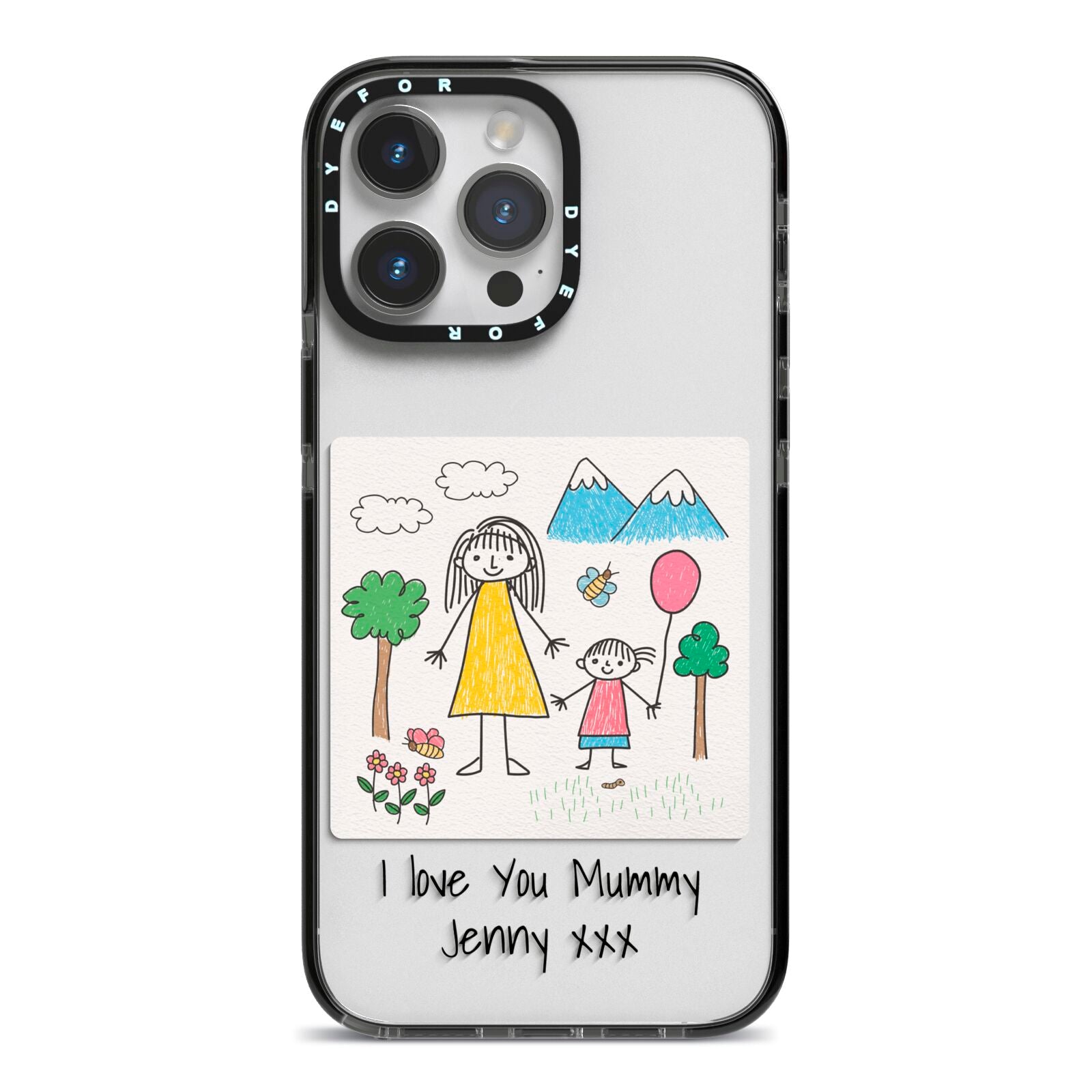 Personalised Kids Drawing Upload iPhone 14 Pro Max Black Impact Case on Silver phone