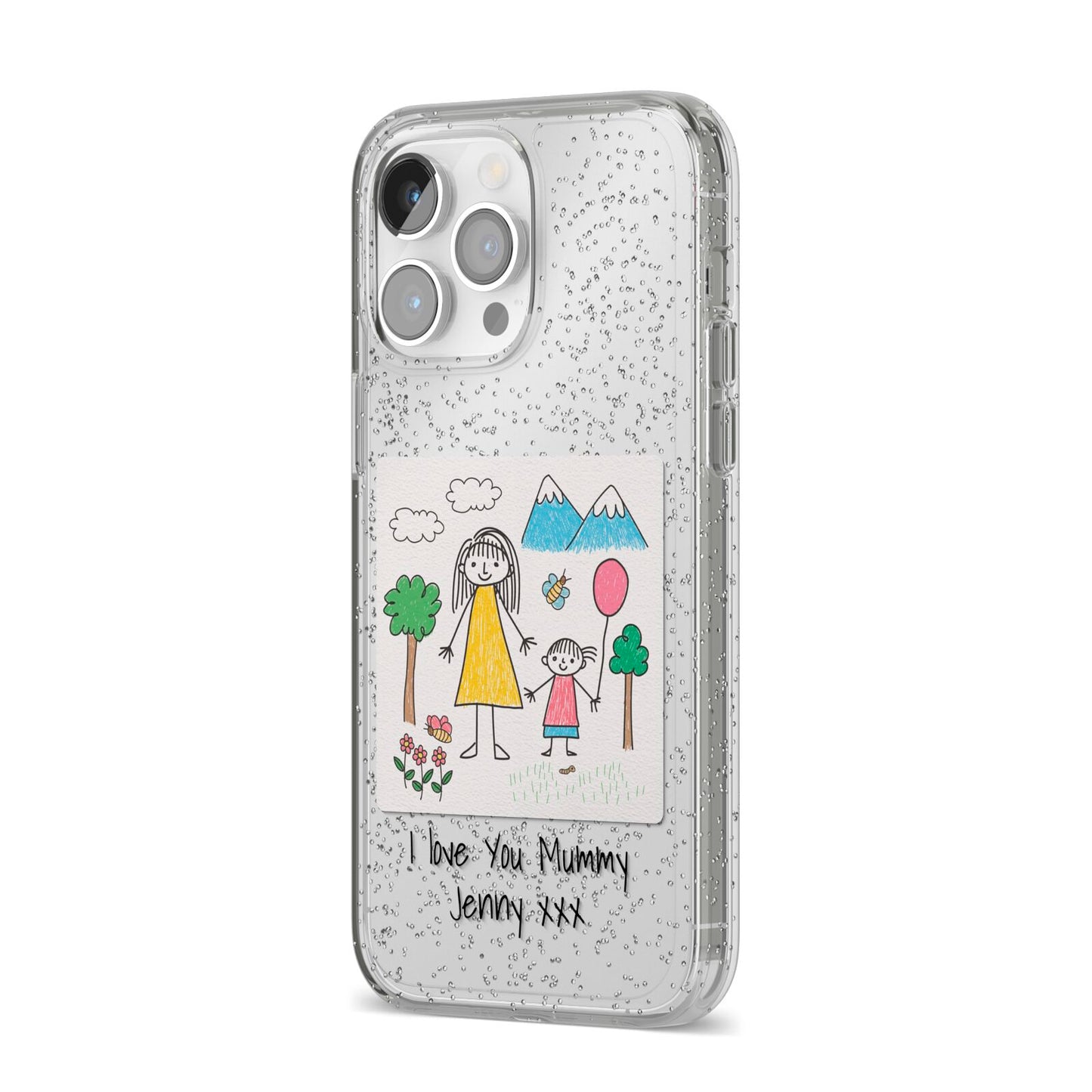 Personalised Kids Drawing Upload iPhone 14 Pro Max Glitter Tough Case Silver Angled Image