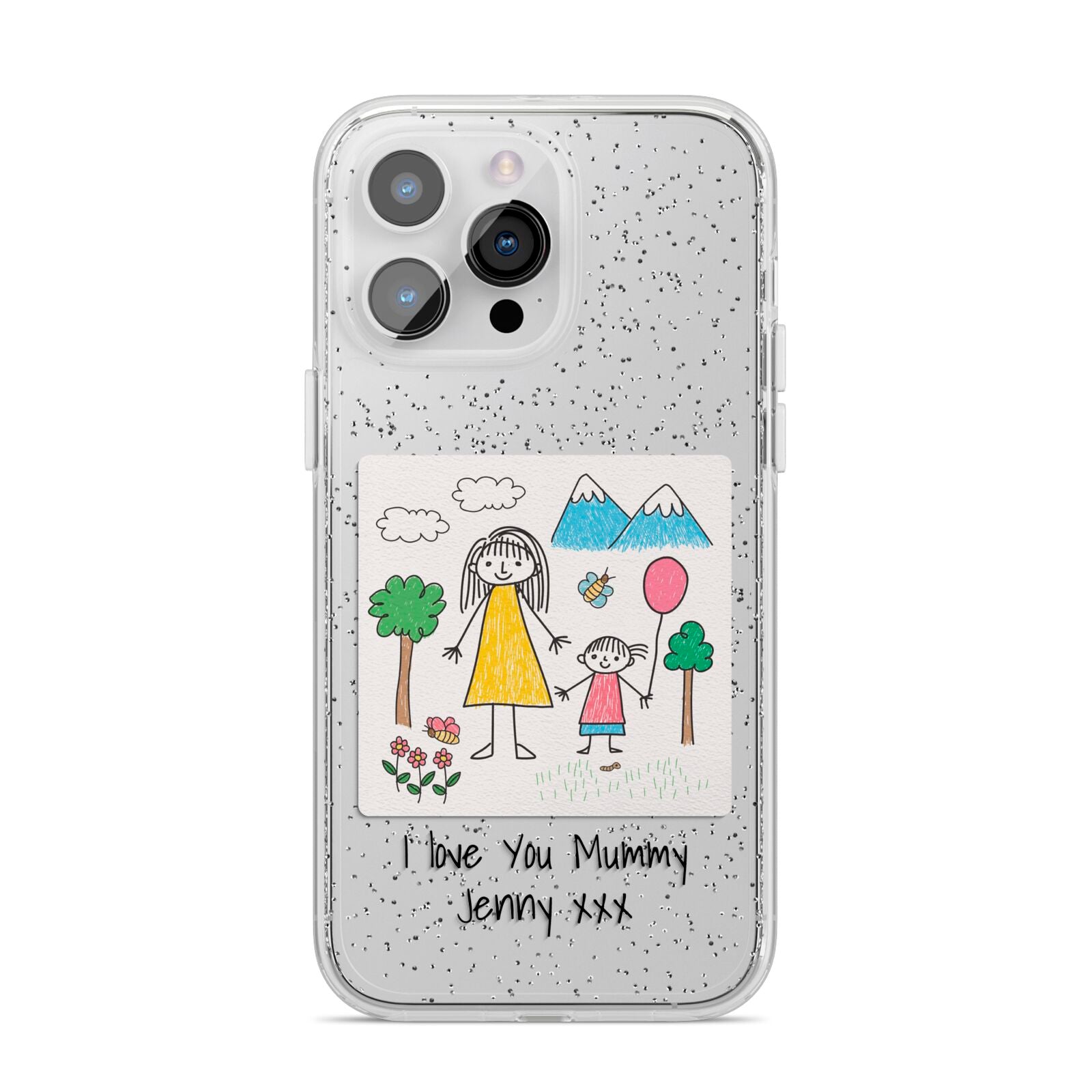 Personalised Kids Drawing Upload iPhone 14 Pro Max Glitter Tough Case Silver