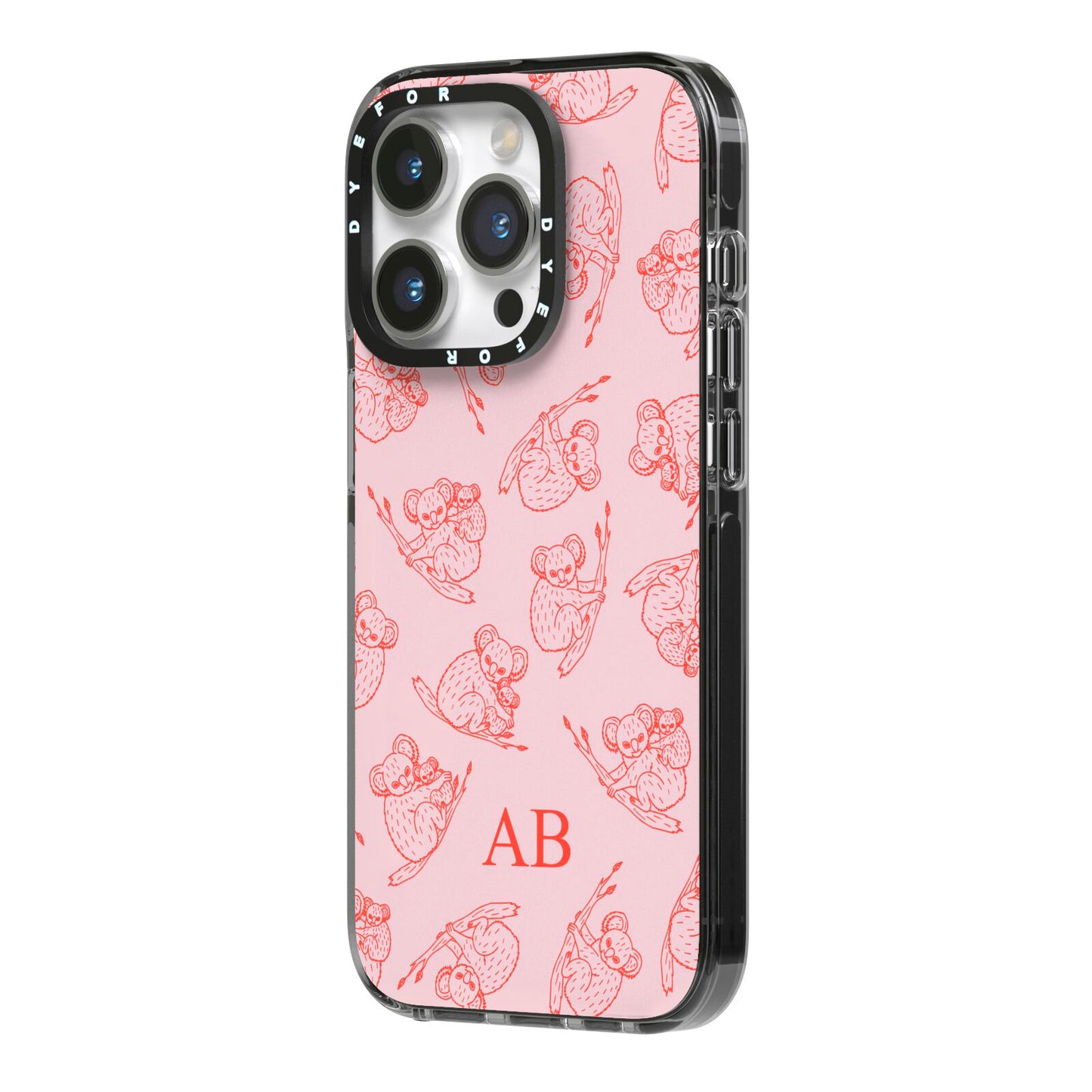 Personalised Koala iPhone 14 Pro Black Impact Case Side Angle on Silver phone