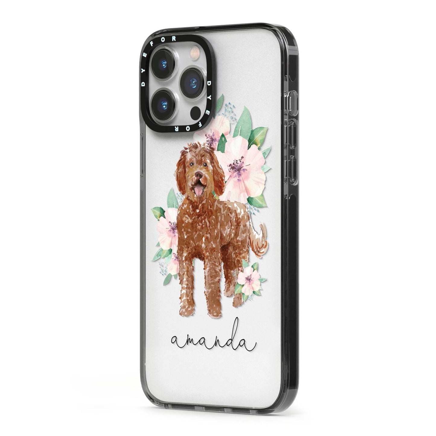 Personalised Labradoodle iPhone 13 Pro Max Black Impact Case Side Angle on Silver phone