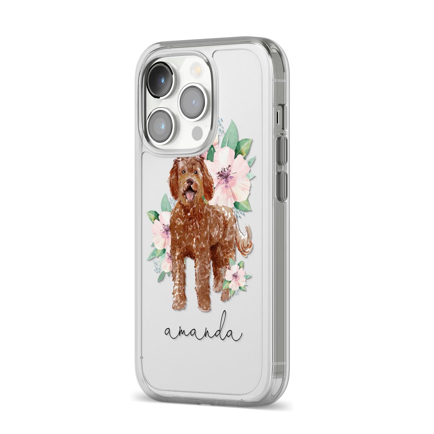 Personalised Labradoodle iPhone 14 Pro Clear Tough Case Silver Angled Image