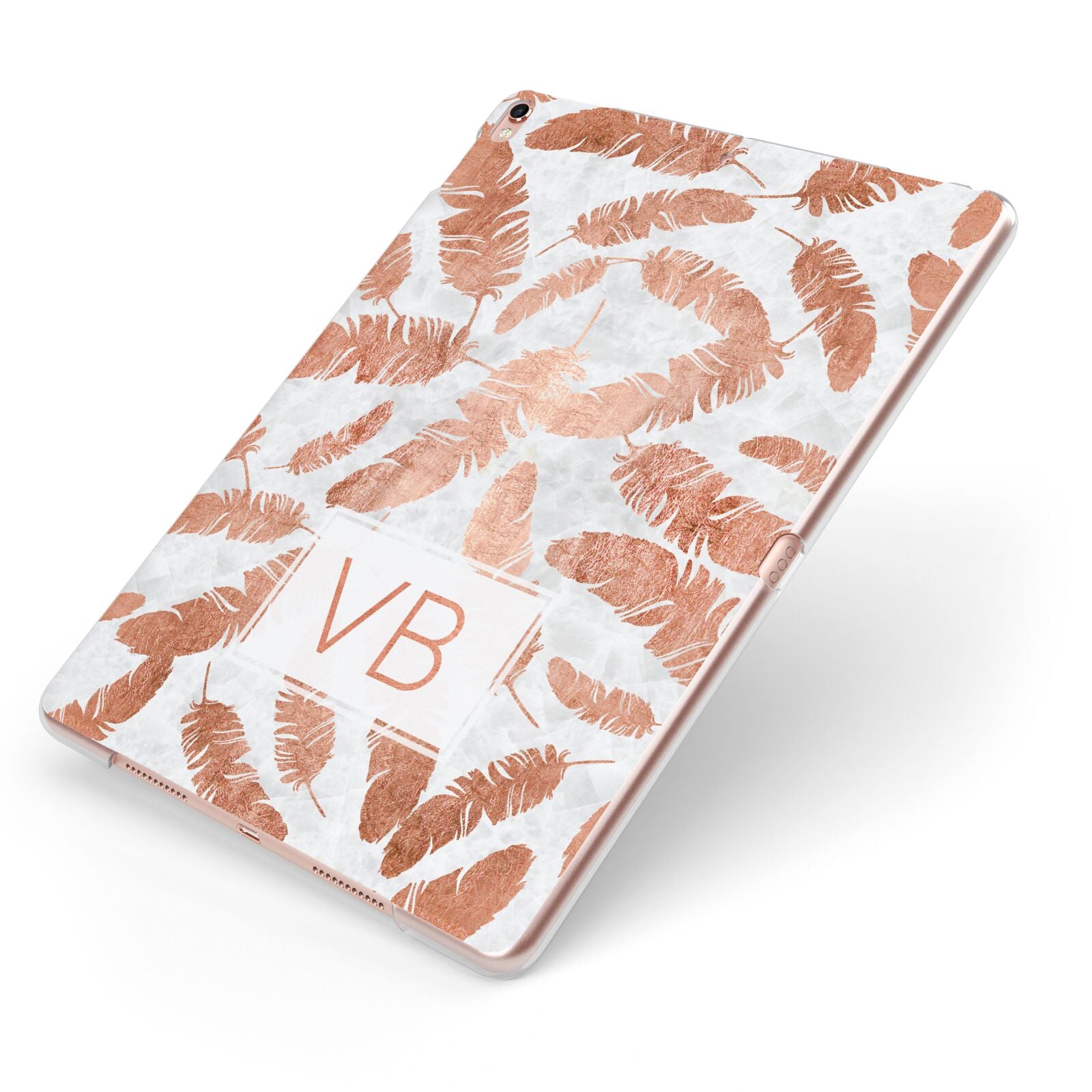 Personalised Leaf Marble Initials Apple iPad Case on Rose Gold iPad Side View