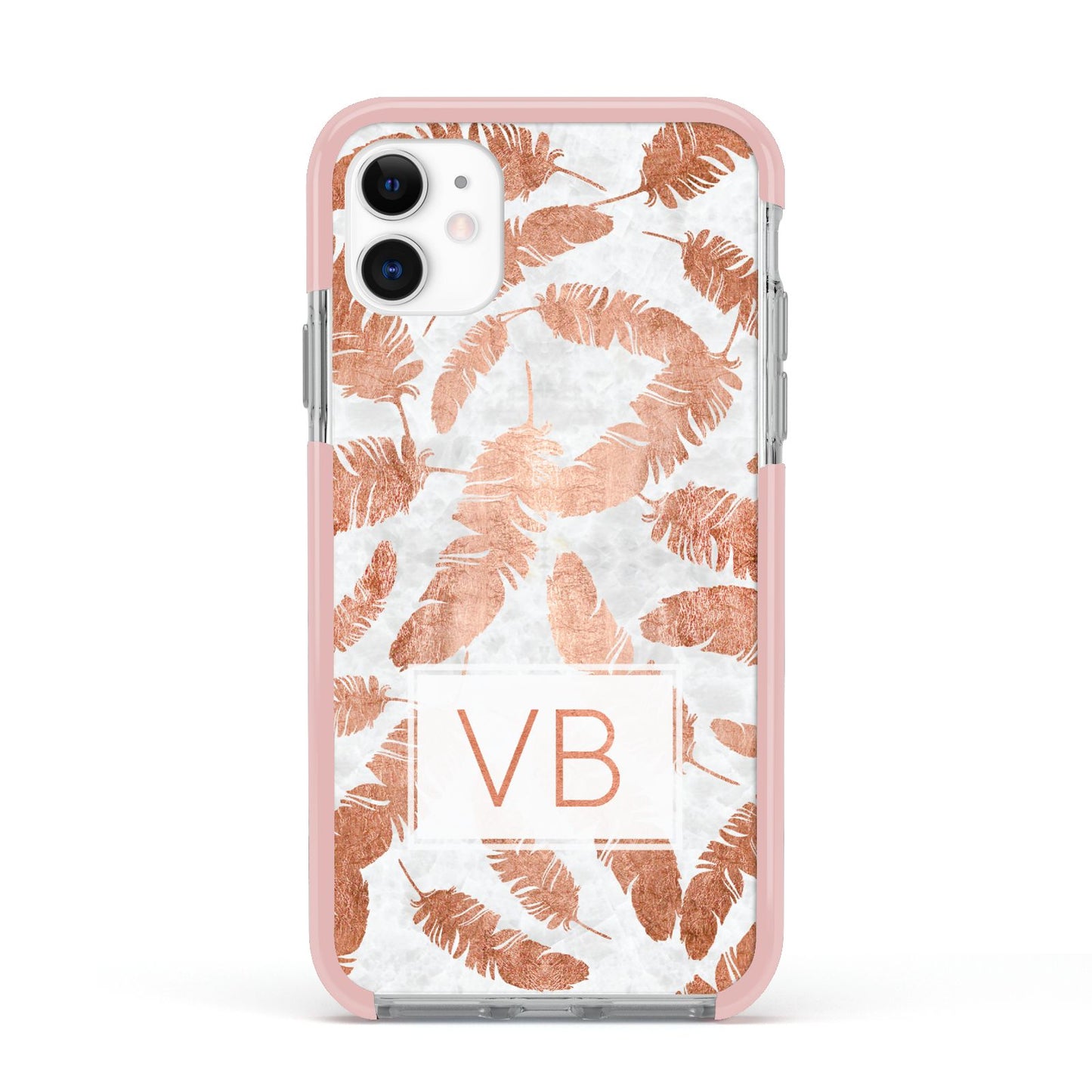 Personalised Leaf Marble Initials Apple iPhone 11 in White with Pink Impact Case