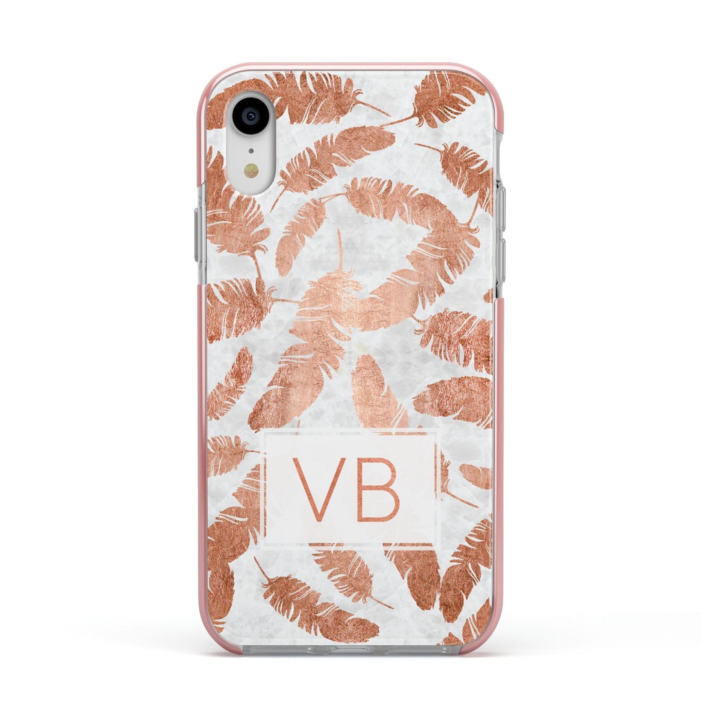 Personalised Leaf Marble Initials Apple iPhone XR Impact Case Pink Edge on Silver Phone