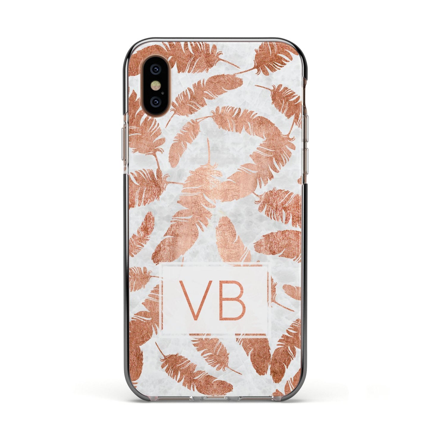 Personalised Leaf Marble Initials Apple iPhone Xs Impact Case Black Edge on Gold Phone