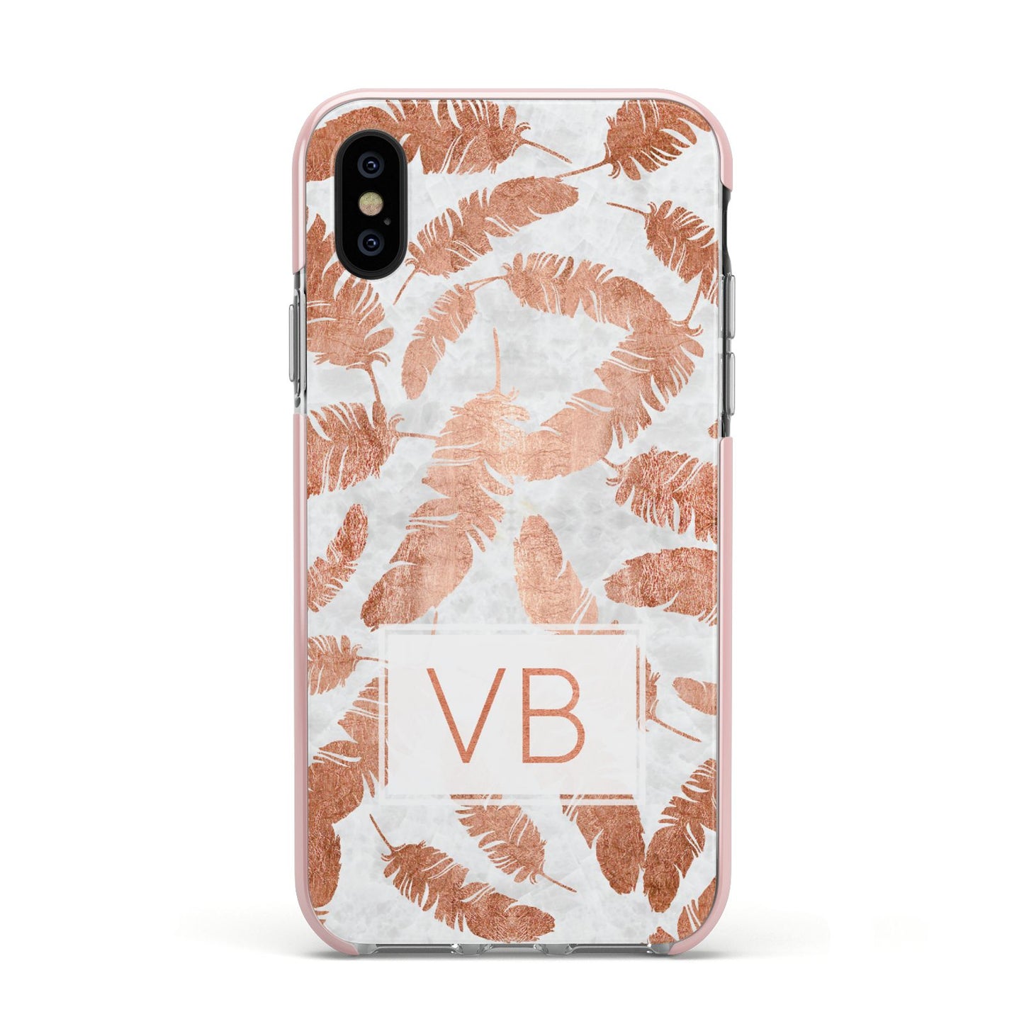 Personalised Leaf Marble Initials Apple iPhone Xs Impact Case Pink Edge on Black Phone