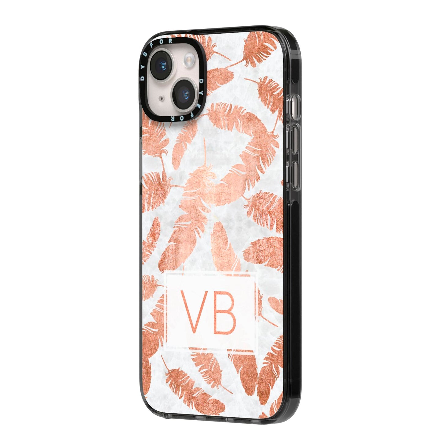 Personalised Leaf Marble Initials iPhone 14 Plus Black Impact Case Side Angle on Silver phone