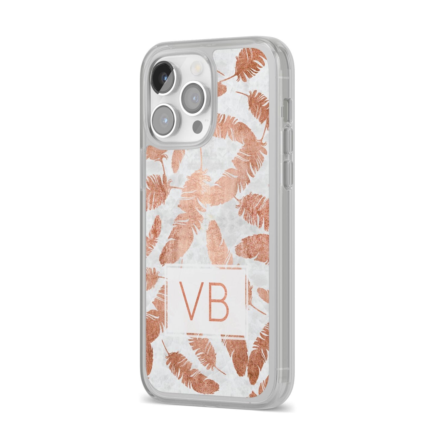 Personalised Leaf Marble Initials iPhone 14 Pro Max Clear Tough Case Silver Angled Image