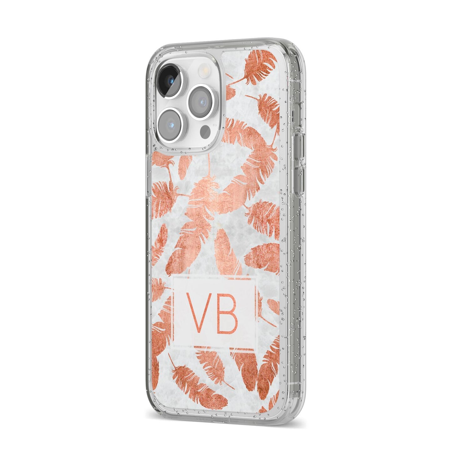 Personalised Leaf Marble Initials iPhone 14 Pro Max Glitter Tough Case Silver Angled Image