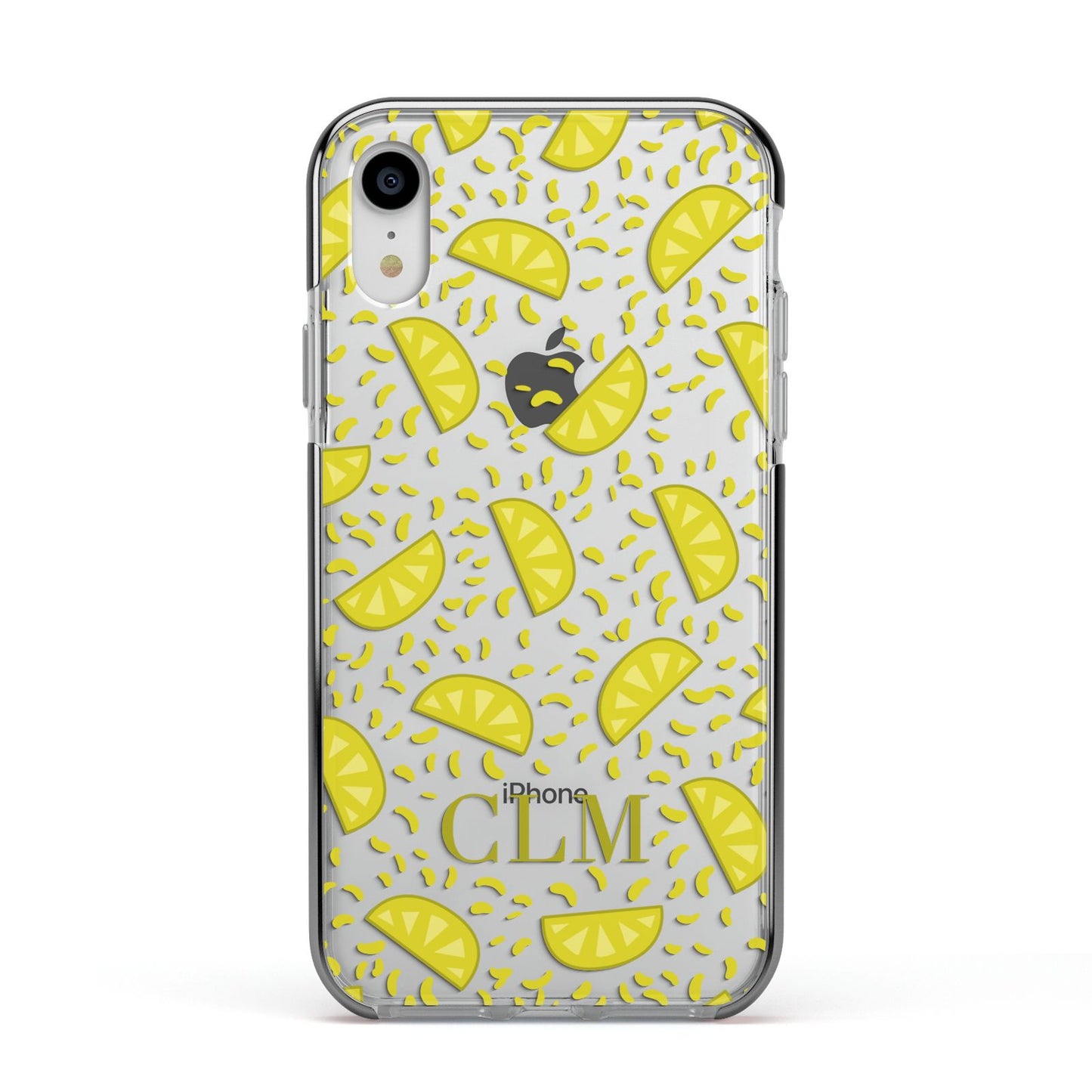 Personalised Lemons Initials Clear Apple iPhone XR Impact Case Black Edge on Silver Phone