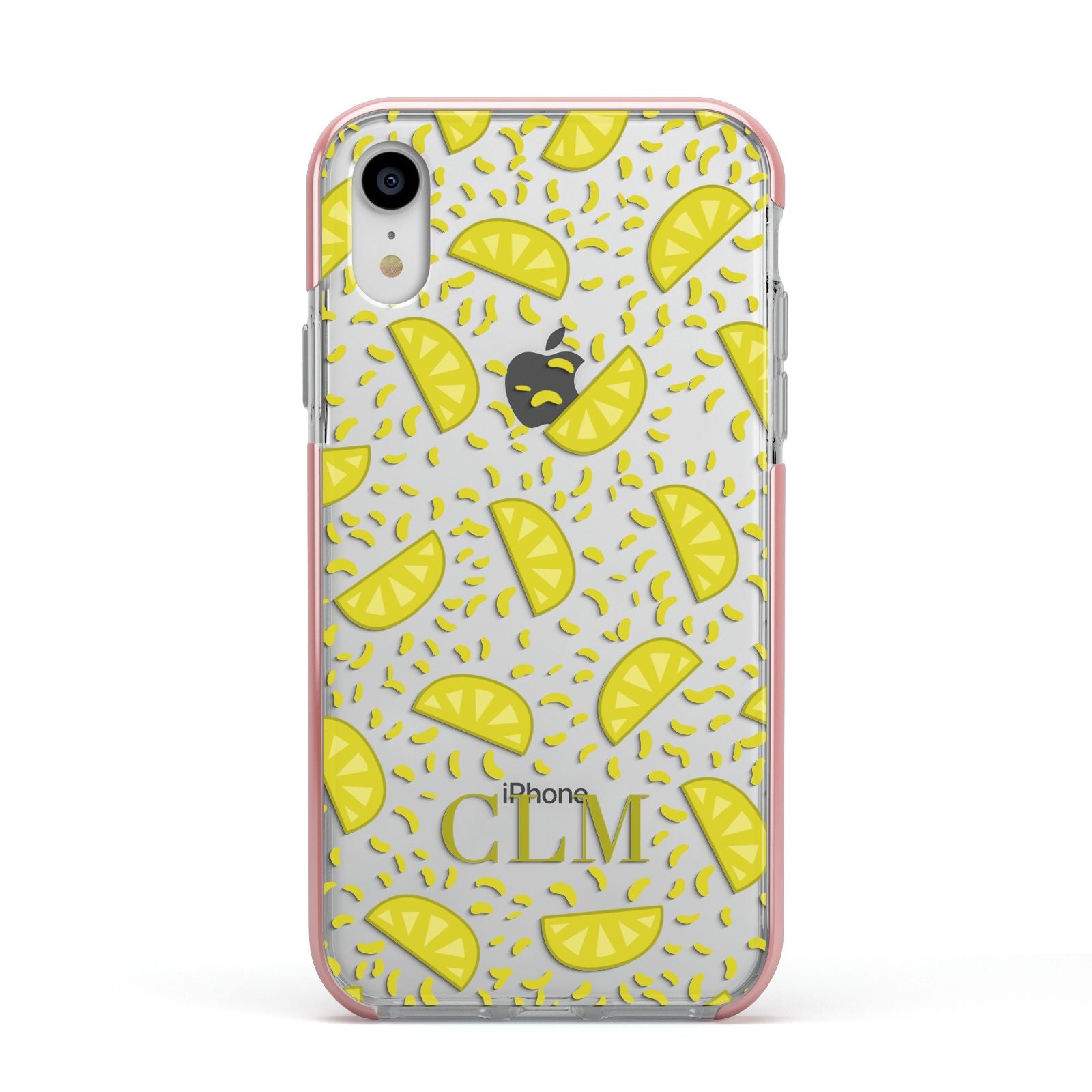 Personalised Lemons Initials Clear Apple iPhone XR Impact Case Pink Edge on Silver Phone