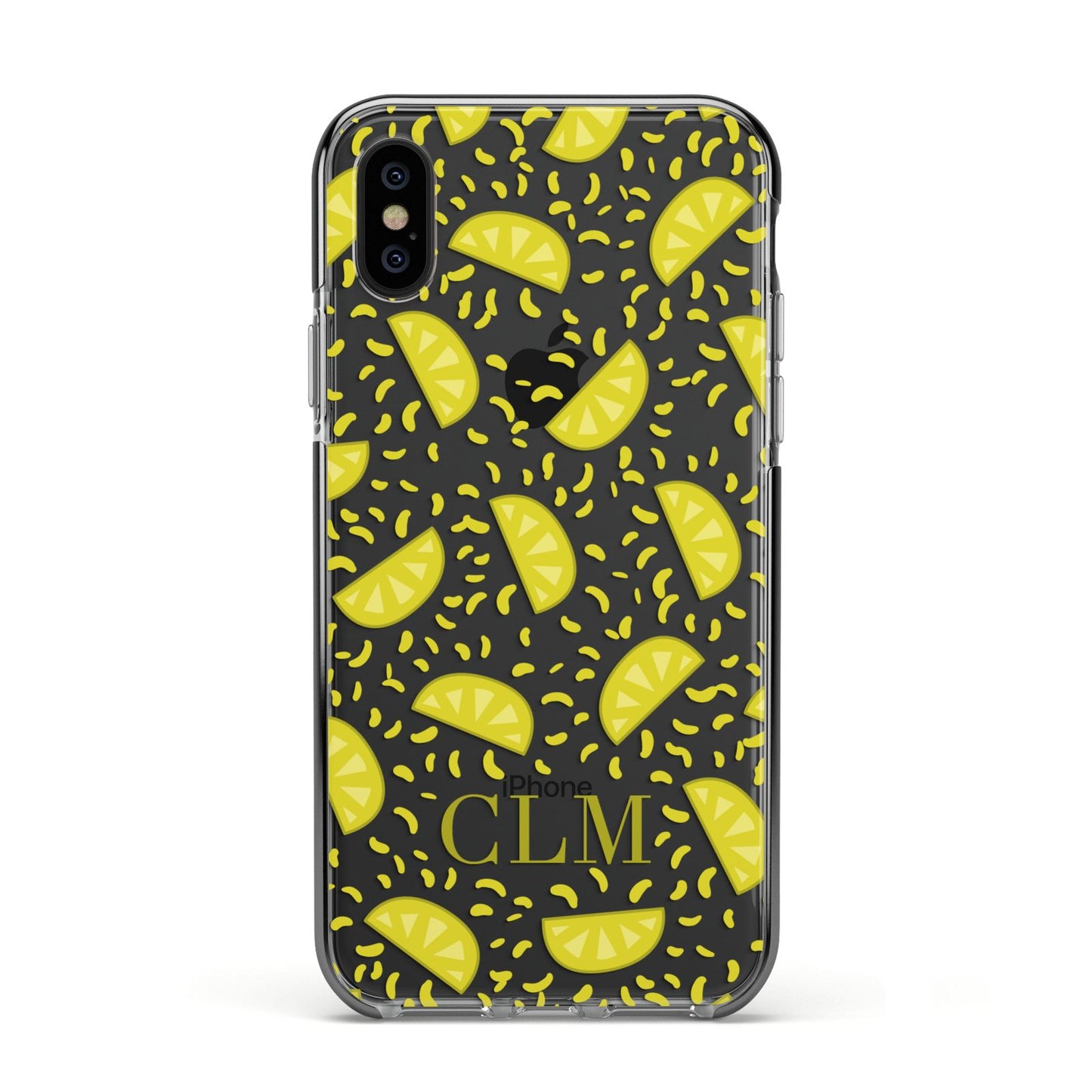 Personalised Lemons Initials Clear Apple iPhone Xs Impact Case Black Edge on Black Phone