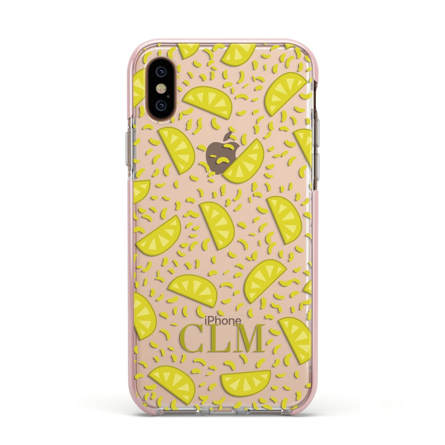 Personalised Lemons Initials Clear Apple iPhone Xs Impact Case Pink Edge on Gold Phone