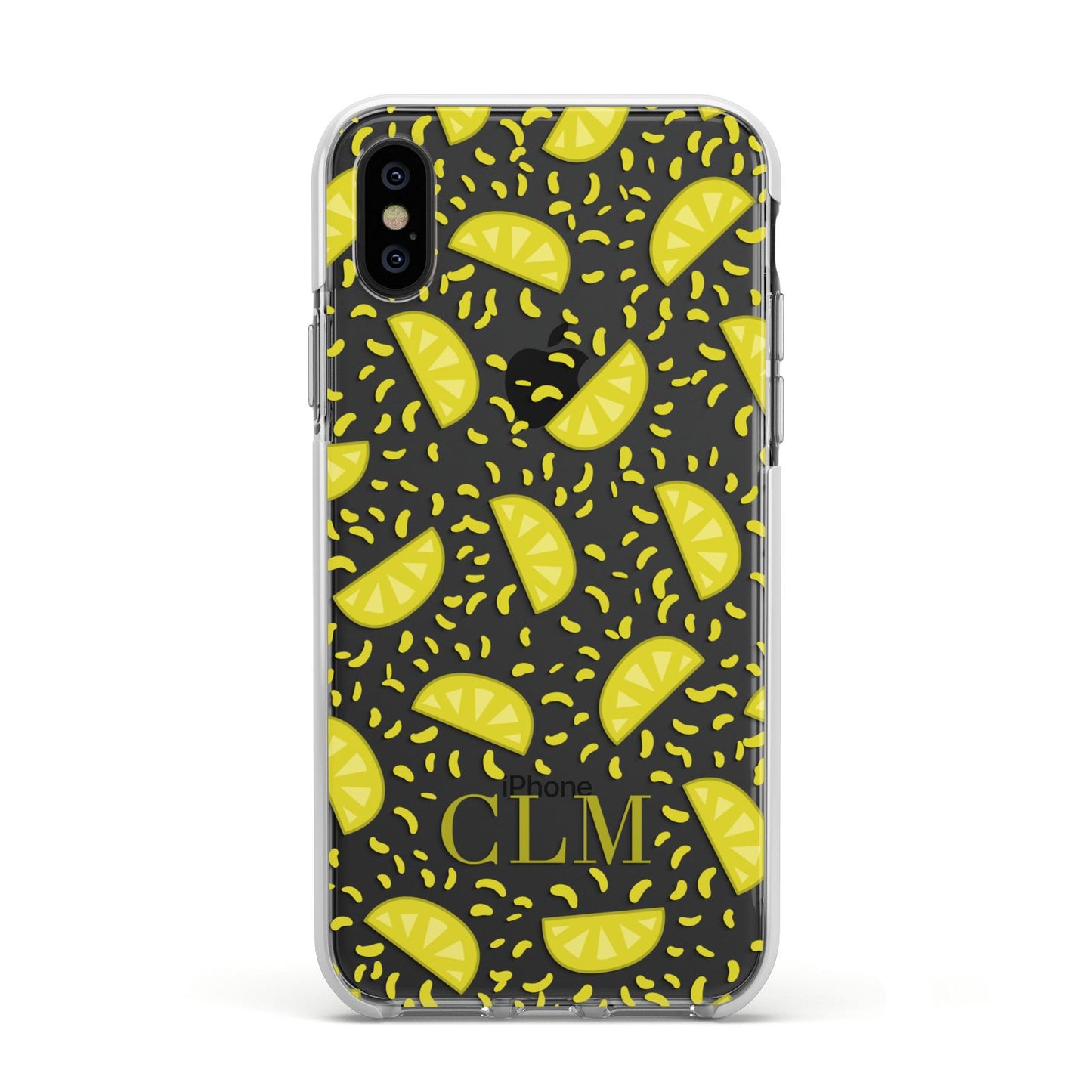 Personalised Lemons Initials Clear Apple iPhone Xs Impact Case White Edge on Black Phone