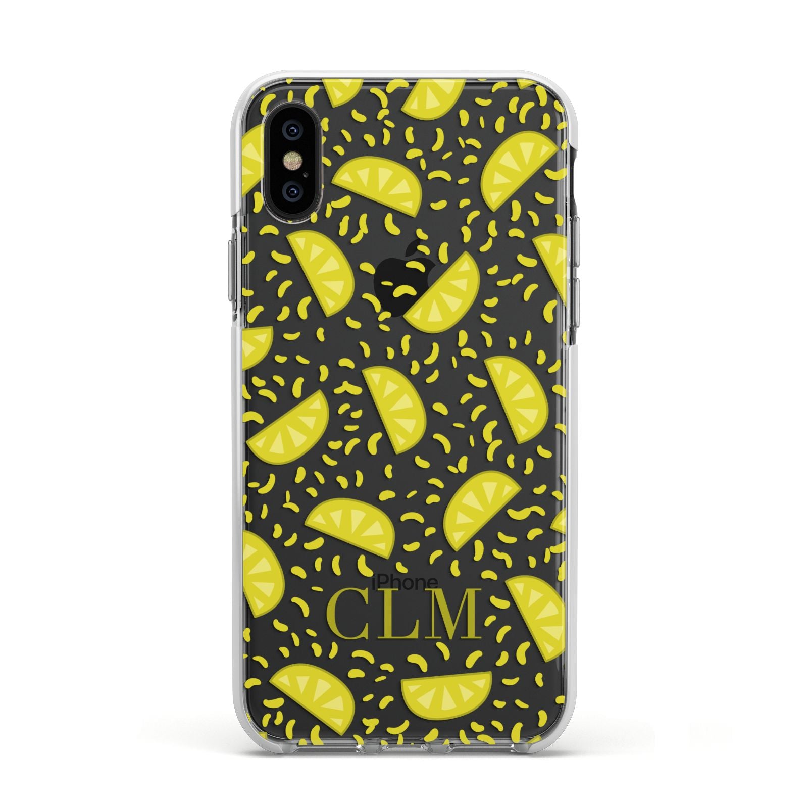 Personalised Lemons Initials Clear Apple iPhone Xs Impact Case White Edge on Black Phone