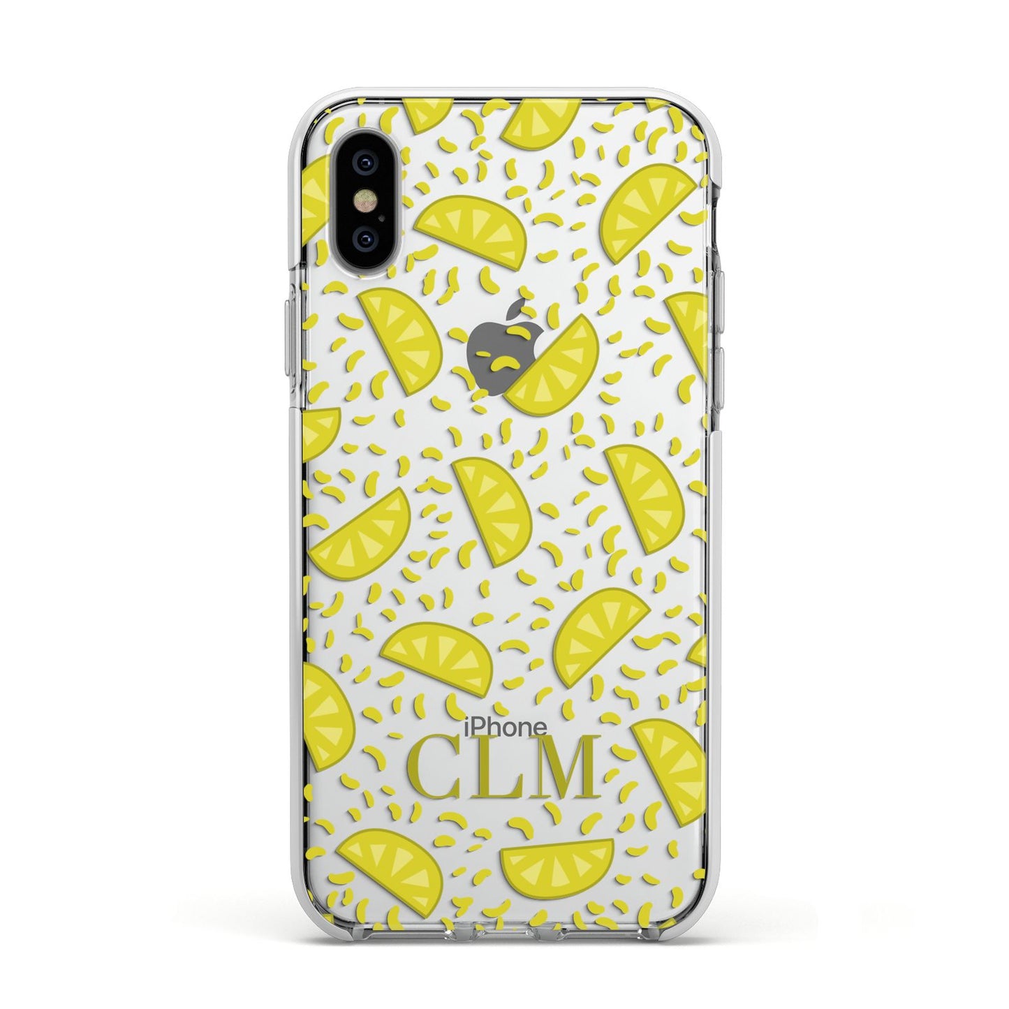 Personalised Lemons Initials Clear Apple iPhone Xs Impact Case White Edge on Silver Phone