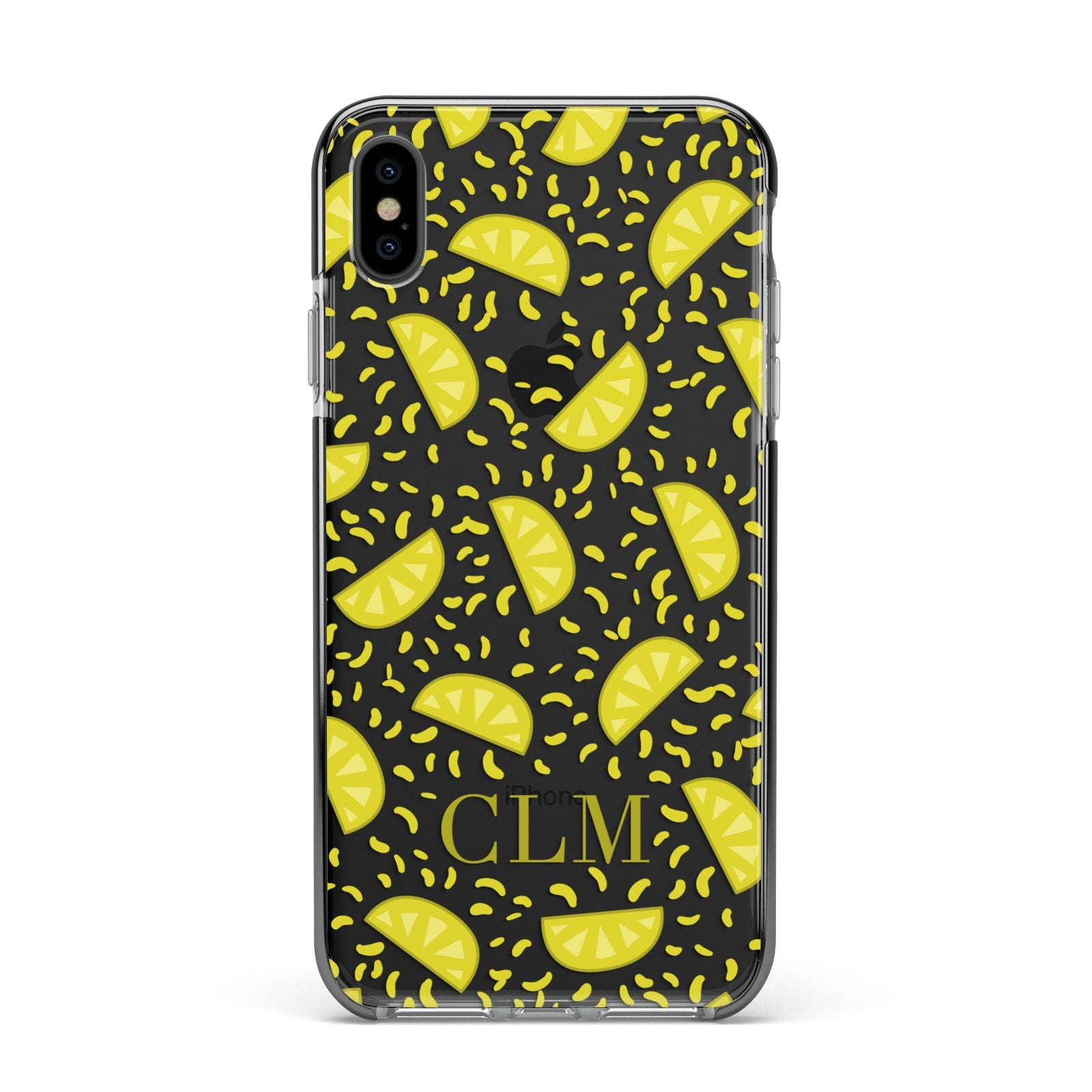 Personalised Lemons Initials Clear Apple iPhone Xs Max Impact Case Black Edge on Black Phone