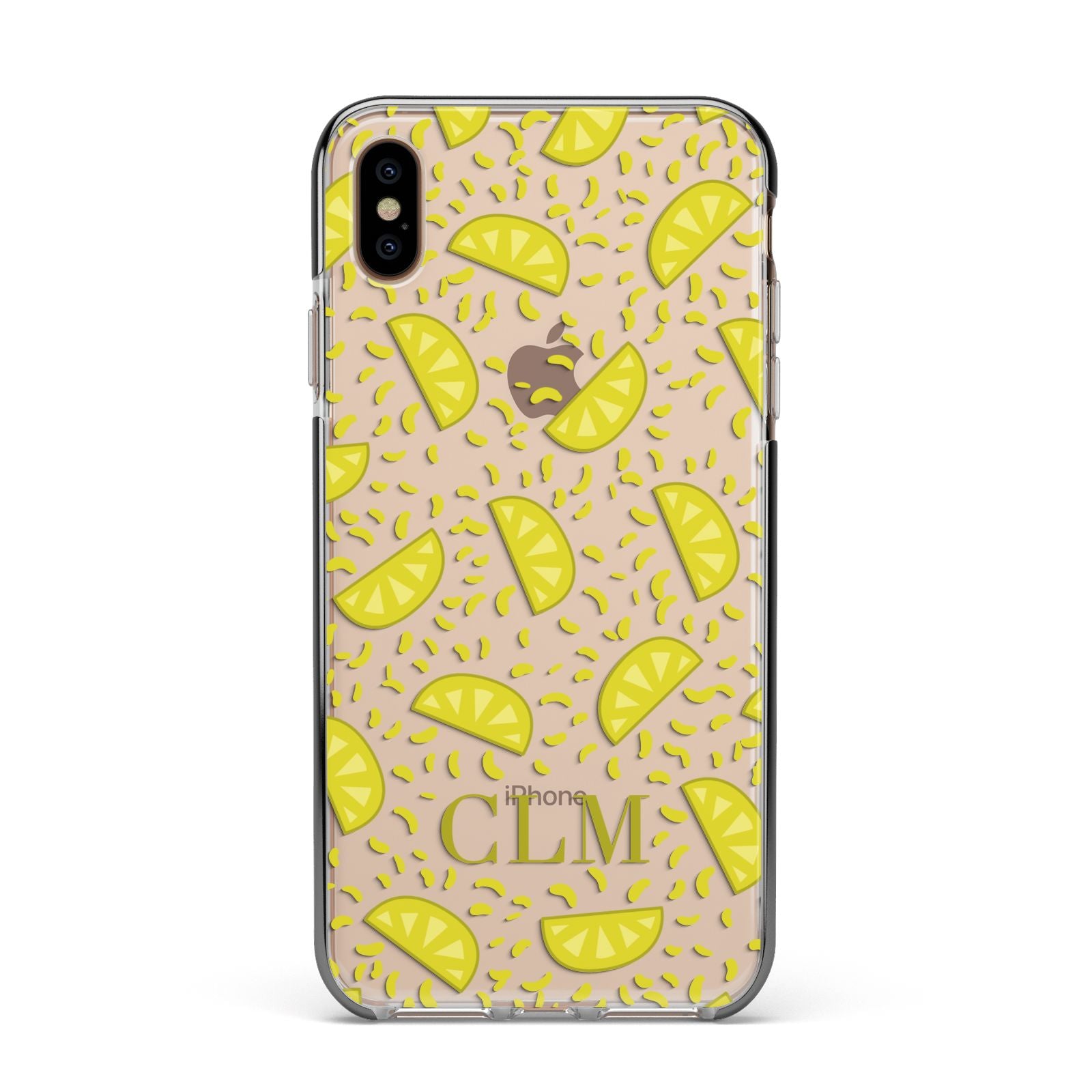 Personalised Lemons Initials Clear Apple iPhone Xs Max Impact Case Black Edge on Gold Phone