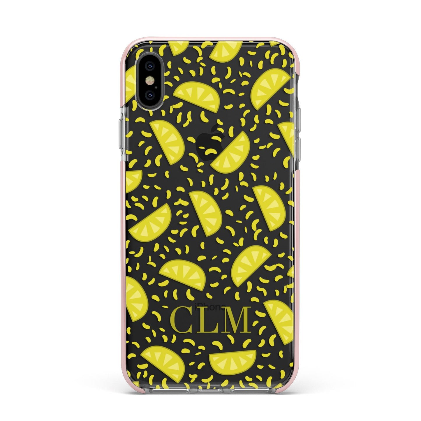 Personalised Lemons Initials Clear Apple iPhone Xs Max Impact Case Pink Edge on Black Phone