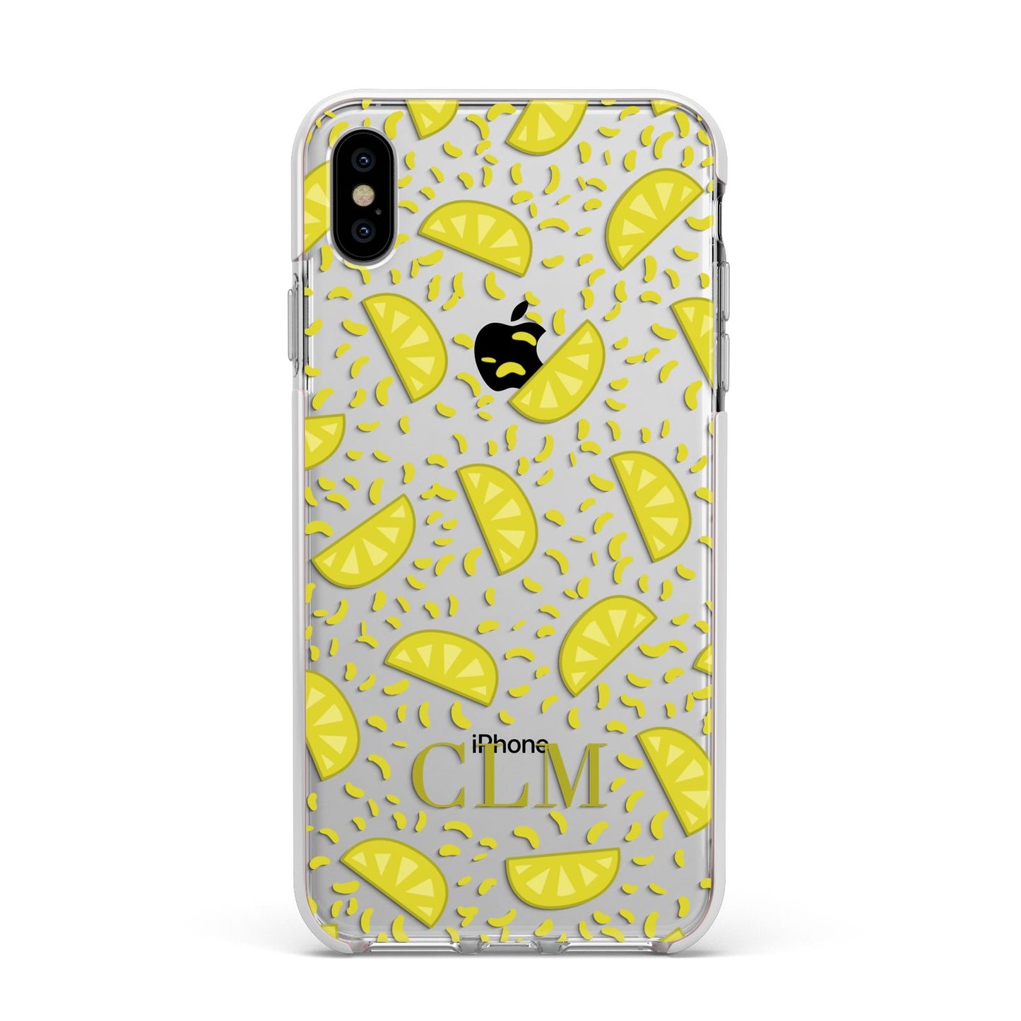 Personalised Lemons Initials Clear Apple iPhone Xs Max Impact Case White Edge on Silver Phone