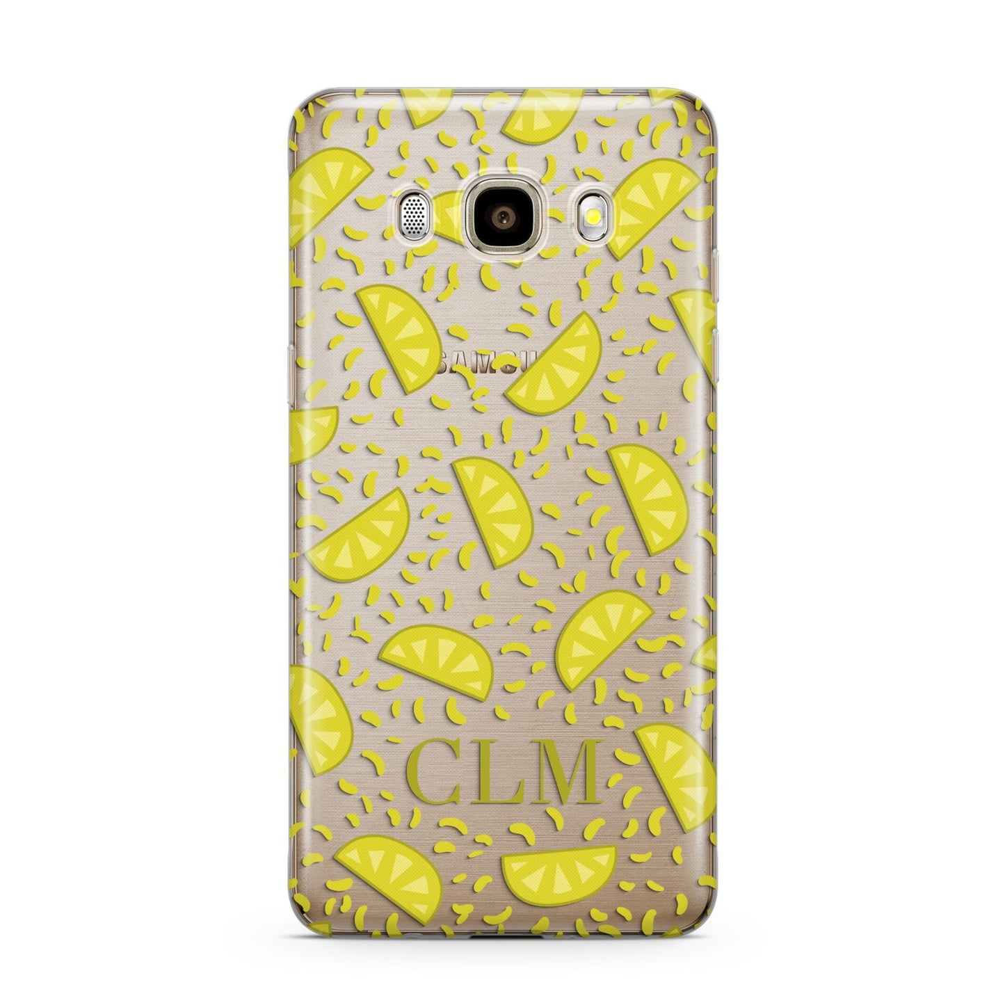 Personalised Lemons Initials Clear Samsung Galaxy J7 2016 Case on gold phone