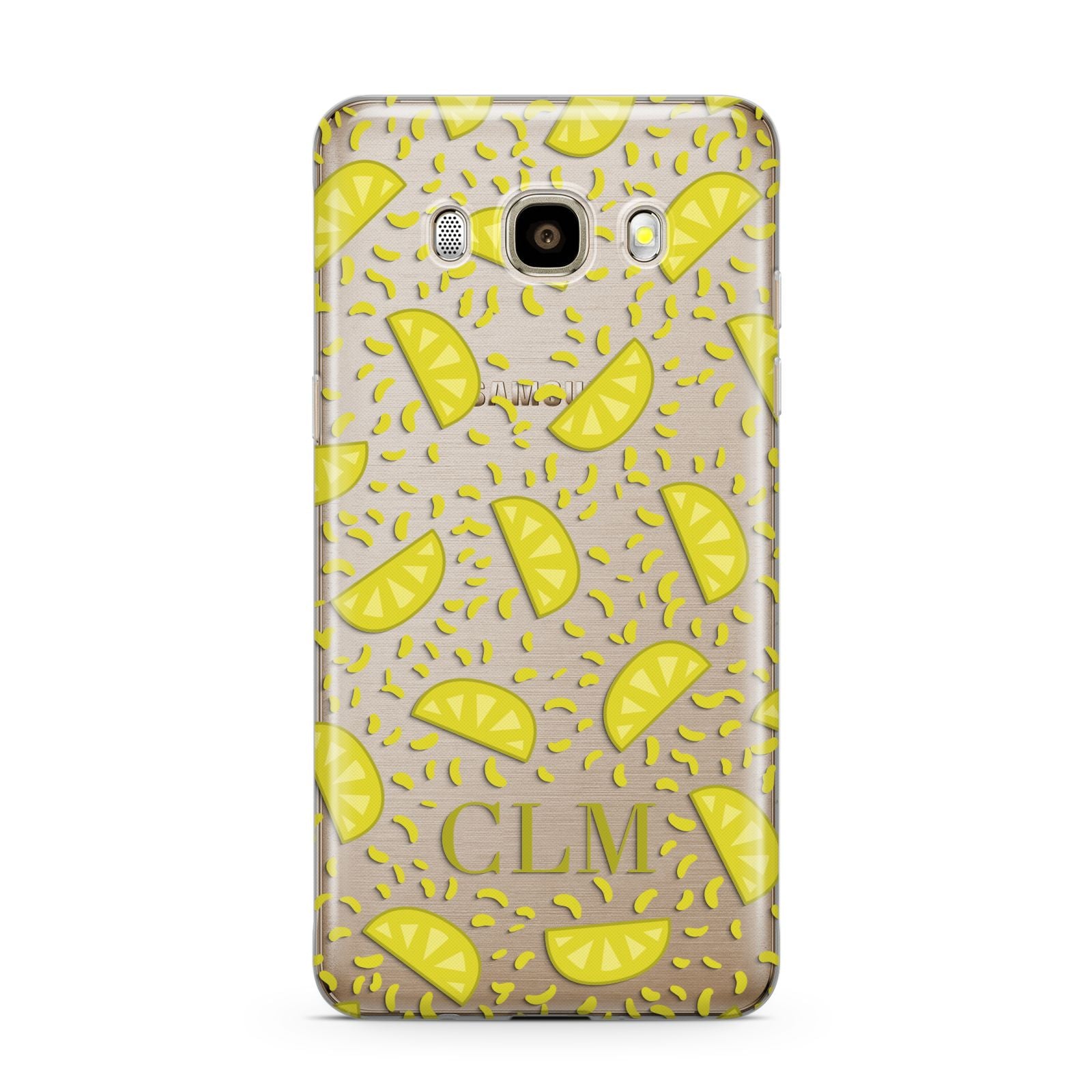 Personalised Lemons Initials Clear Samsung Galaxy J7 2016 Case on gold phone