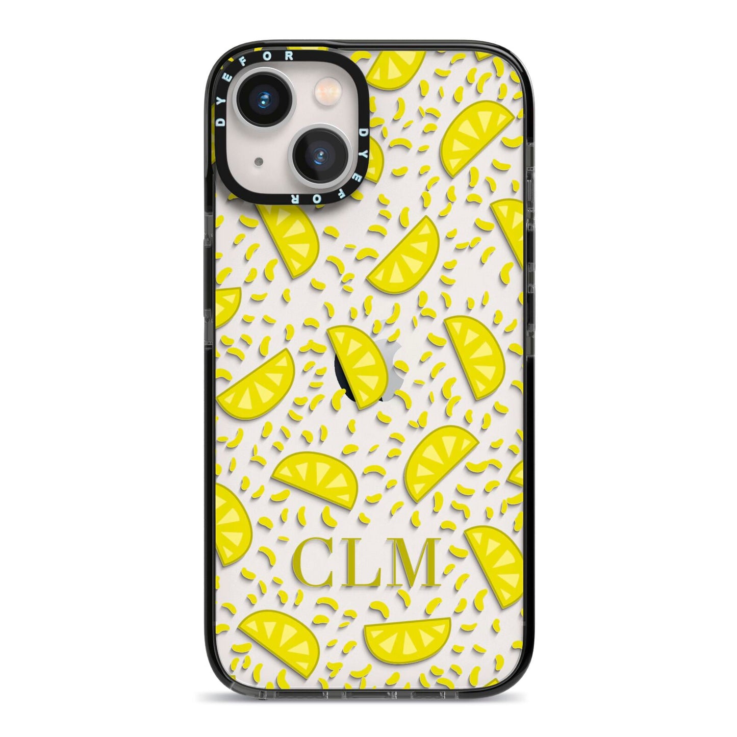 Personalised Lemons Initials Clear iPhone 13 Black Impact Case on Silver phone