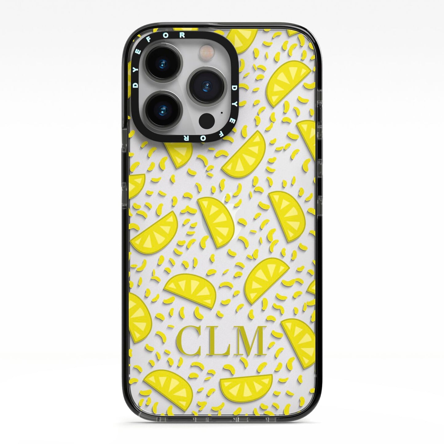 Personalised Lemons Initials Clear iPhone 13 Pro Black Impact Case on Silver phone