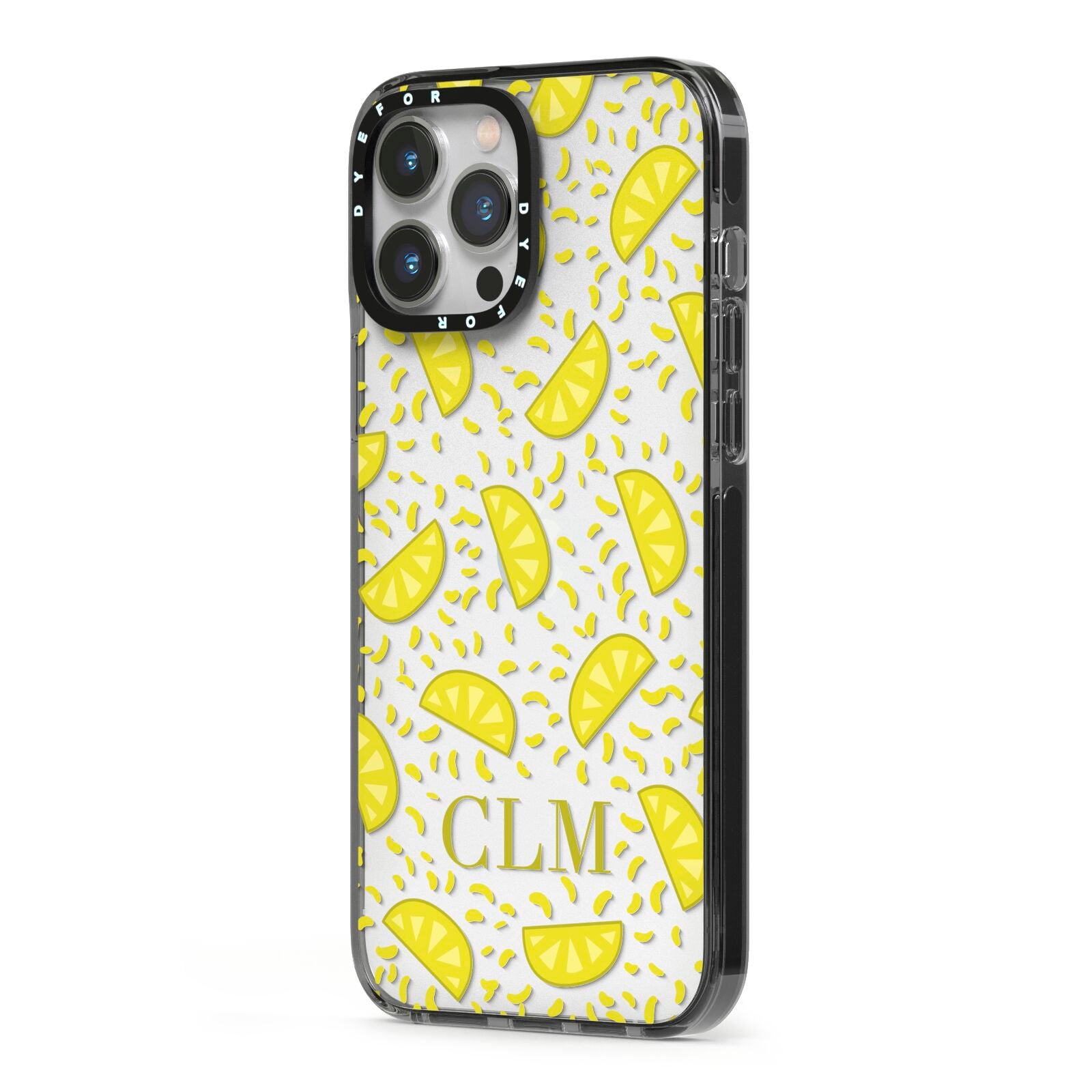 Personalised Lemons Initials Clear iPhone 13 Pro Max Black Impact Case Side Angle on Silver phone