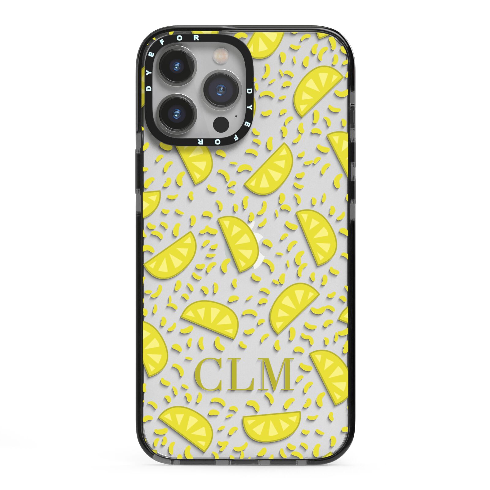 Personalised Lemons Initials Clear iPhone 13 Pro Max Black Impact Case on Silver phone