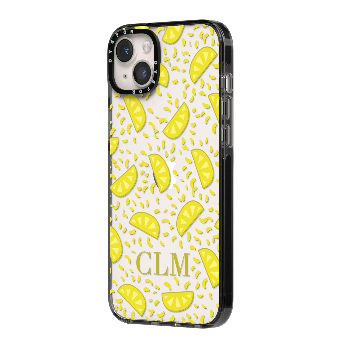 Personalised Lemons Initials Clear iPhone 14 Plus Black Impact Case Side Angle on Silver phone