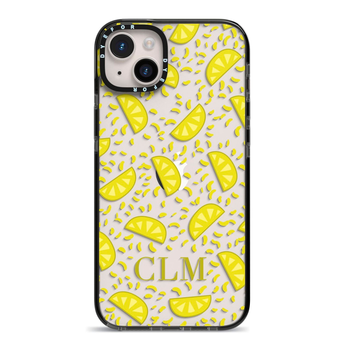 Personalised Lemons Initials Clear iPhone 14 Plus Black Impact Case on Silver phone