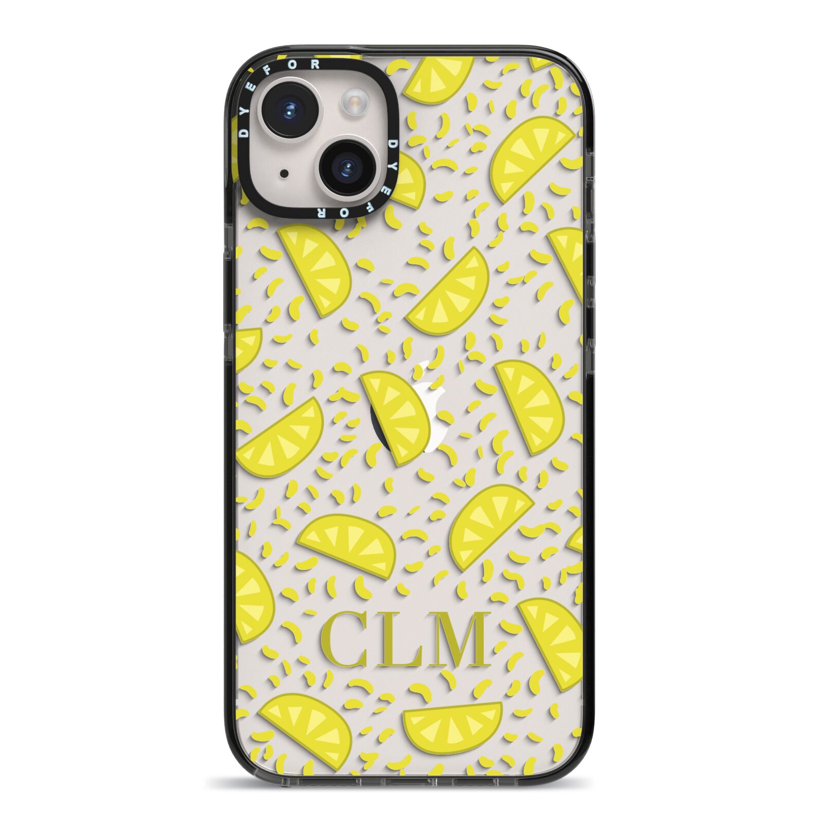 Personalised Lemons Initials Clear iPhone 14 Plus Black Impact Case on Silver phone