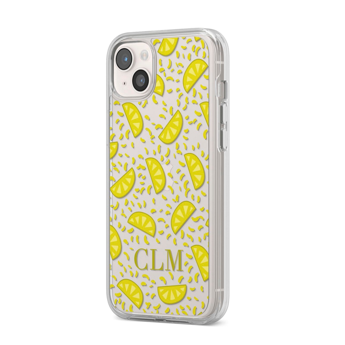 Personalised Lemons Initials Clear iPhone 14 Plus Clear Tough Case Starlight Angled Image