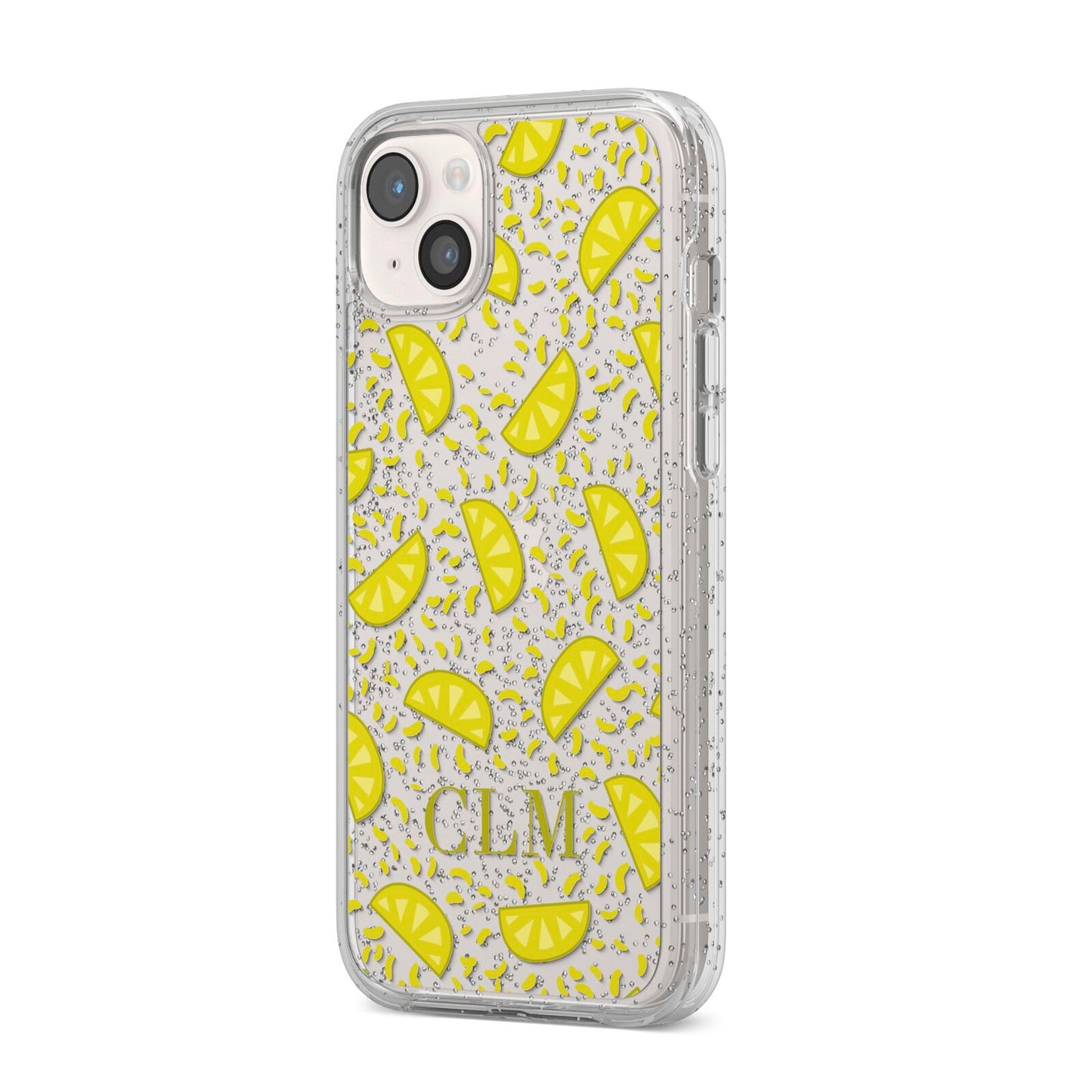 Personalised Lemons Initials Clear iPhone 14 Plus Glitter Tough Case Starlight Angled Image