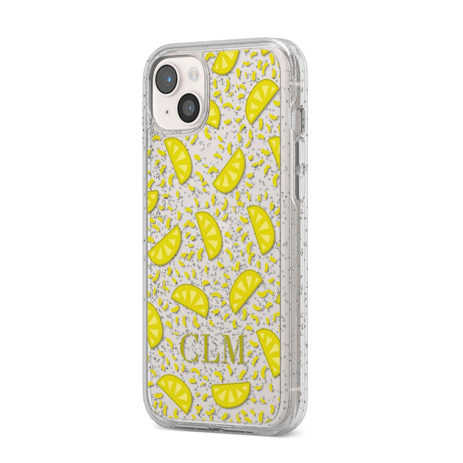 Personalised Lemons Initials Clear iPhone 14 Plus Glitter Tough Case Starlight Angled Image