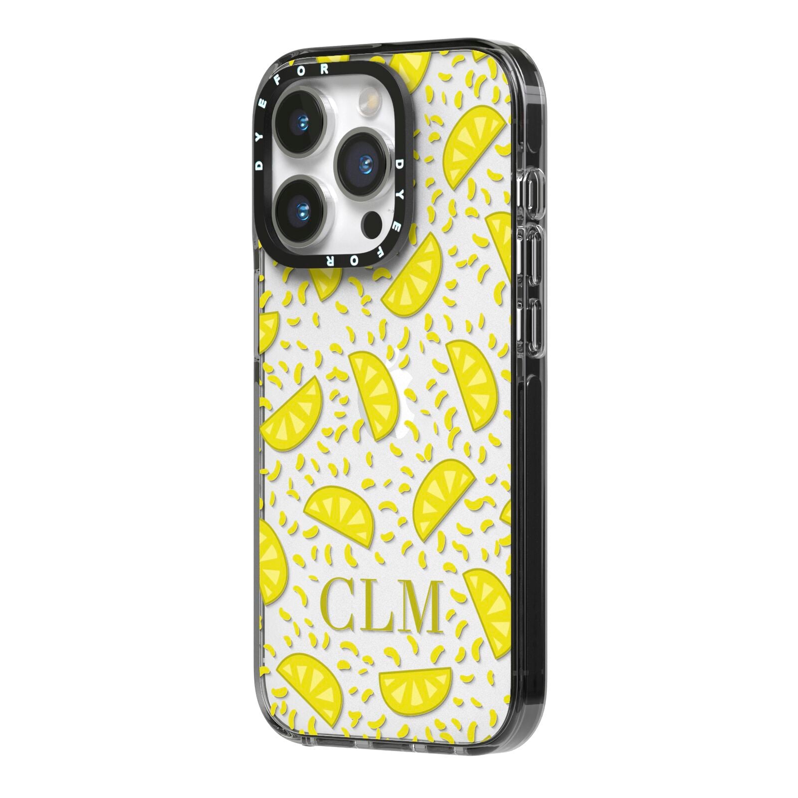 Personalised Lemons Initials Clear iPhone 14 Pro Black Impact Case Side Angle on Silver phone