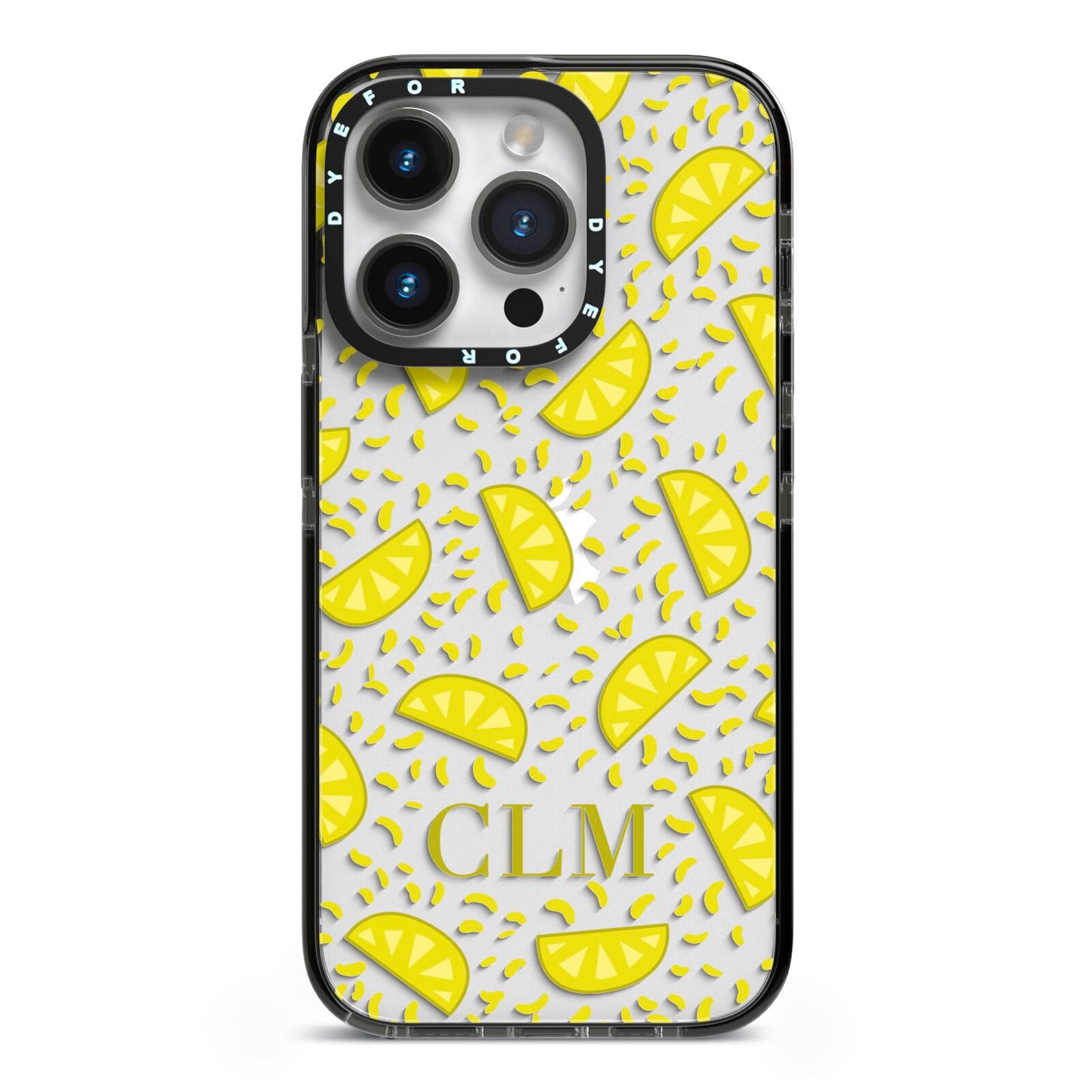 Personalised Lemons Initials Clear iPhone 14 Pro Black Impact Case on Silver phone