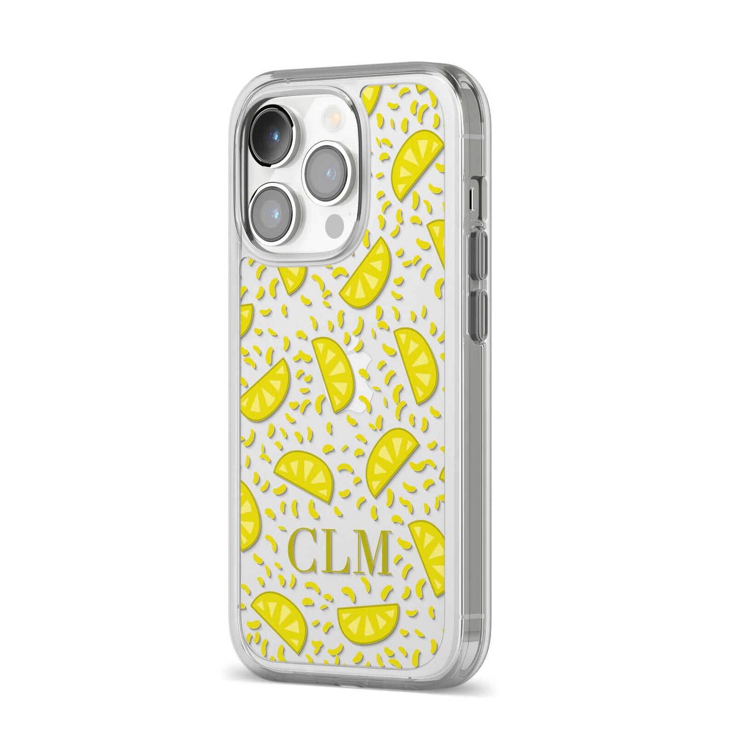 Personalised Lemons Initials Clear iPhone 14 Pro Clear Tough Case Silver Angled Image